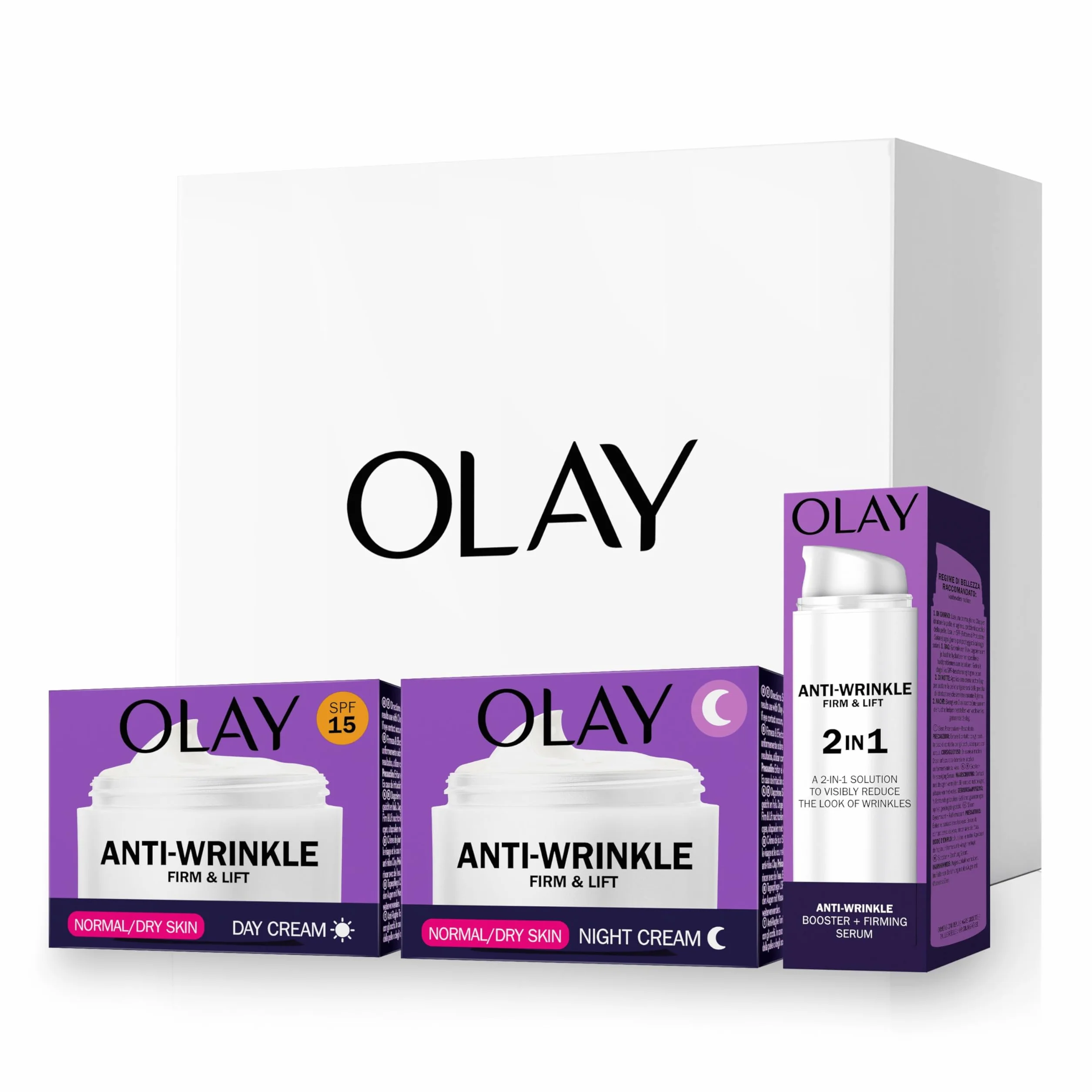 Olay Anti-Rughe Tonifica & Rassoda Set Regalo: Crema Giorno + Crema Notte + Siero 2in1 50ml, Skin Care Anti-Età
