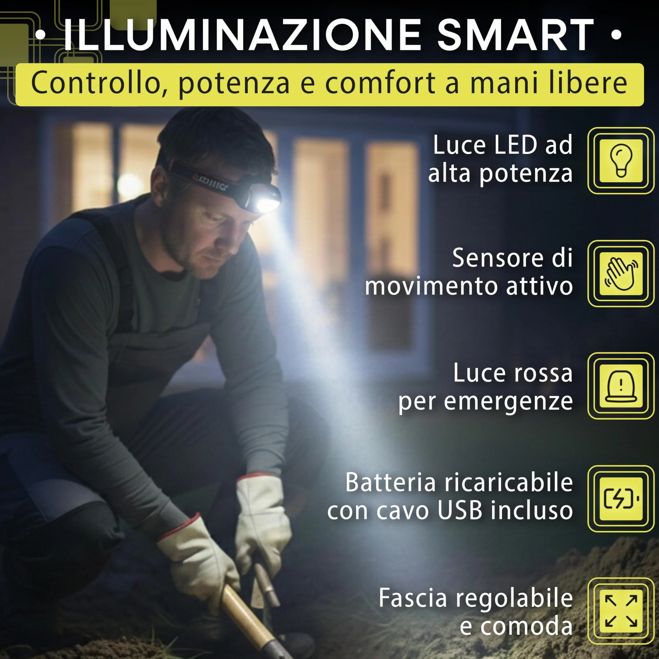 Torcia Frontale LED Ricaricabile con Sensore Movimento per Trekking Corsa Campeggio