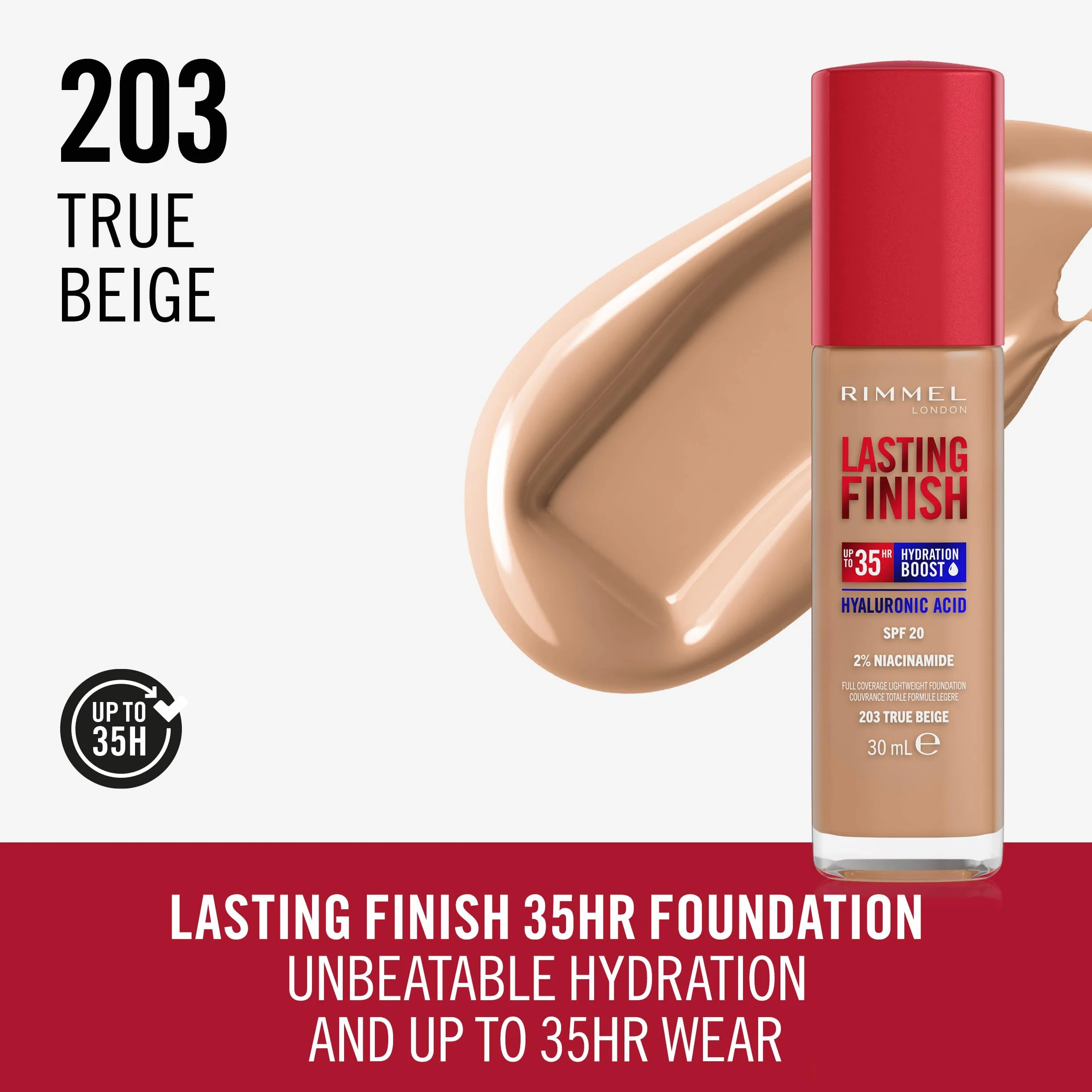 Rimmel London Lasting Finish 35H, 203 True Beige, fondotinta, lunga tenuta, idratante, formula vegana, alta coprenza, 30ml