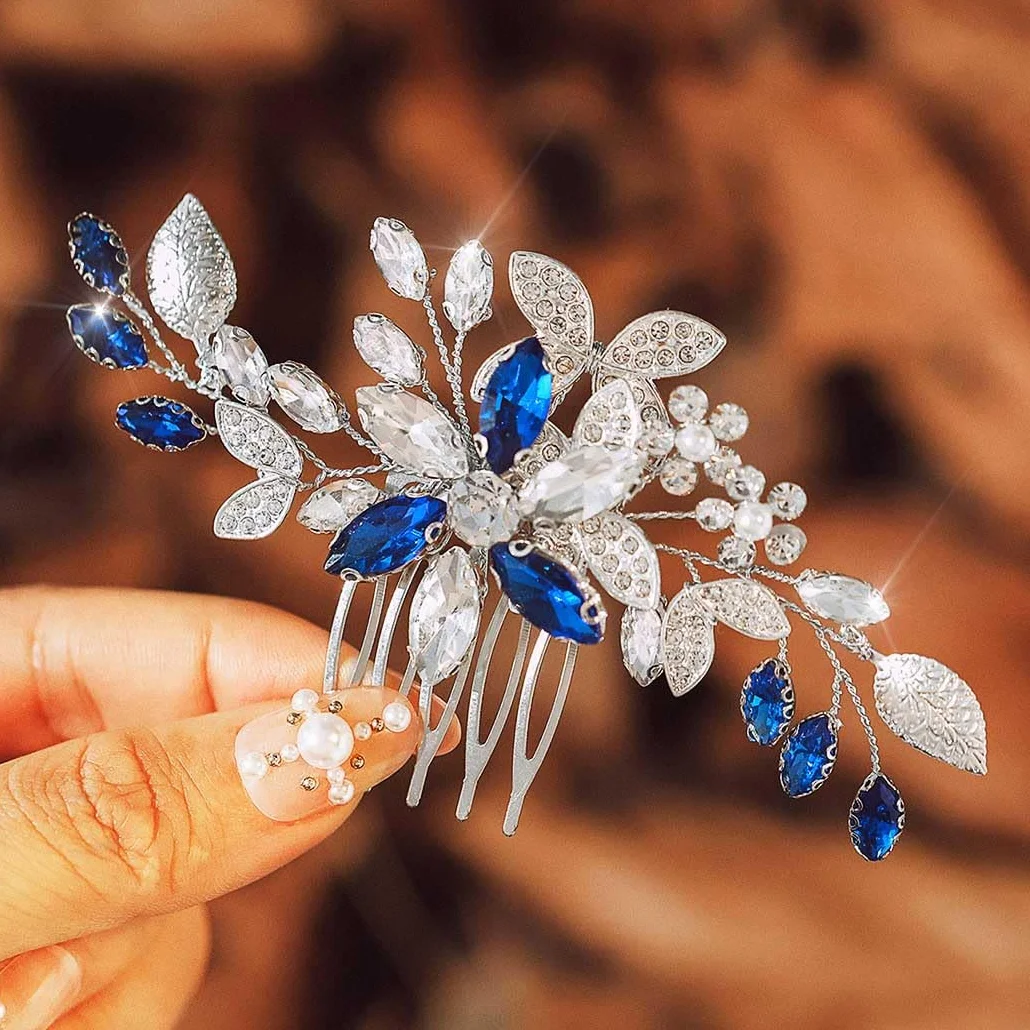 IYOU Pettine per Capelli da Sposa con Strass Blu Accessori per capelli da Sposa per Damigelle D'onore per le Donne