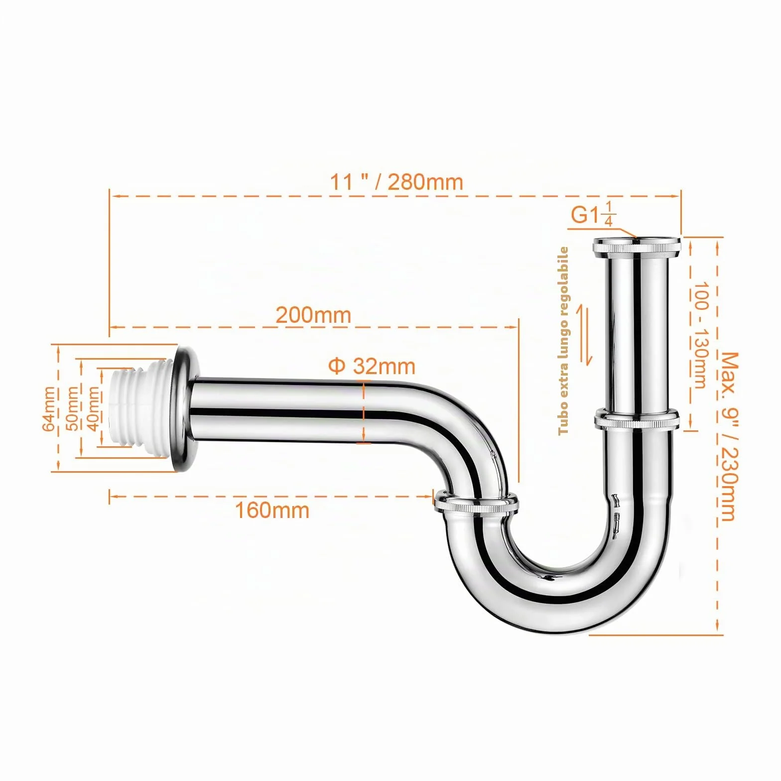 Ibergrif Sifone Lavabo Bagno 1 1/4" x 32 mm Acciaio Inox, Scarico Standard con Guarnizioni Silicone, Anti-Odore e Anti-Intasamento