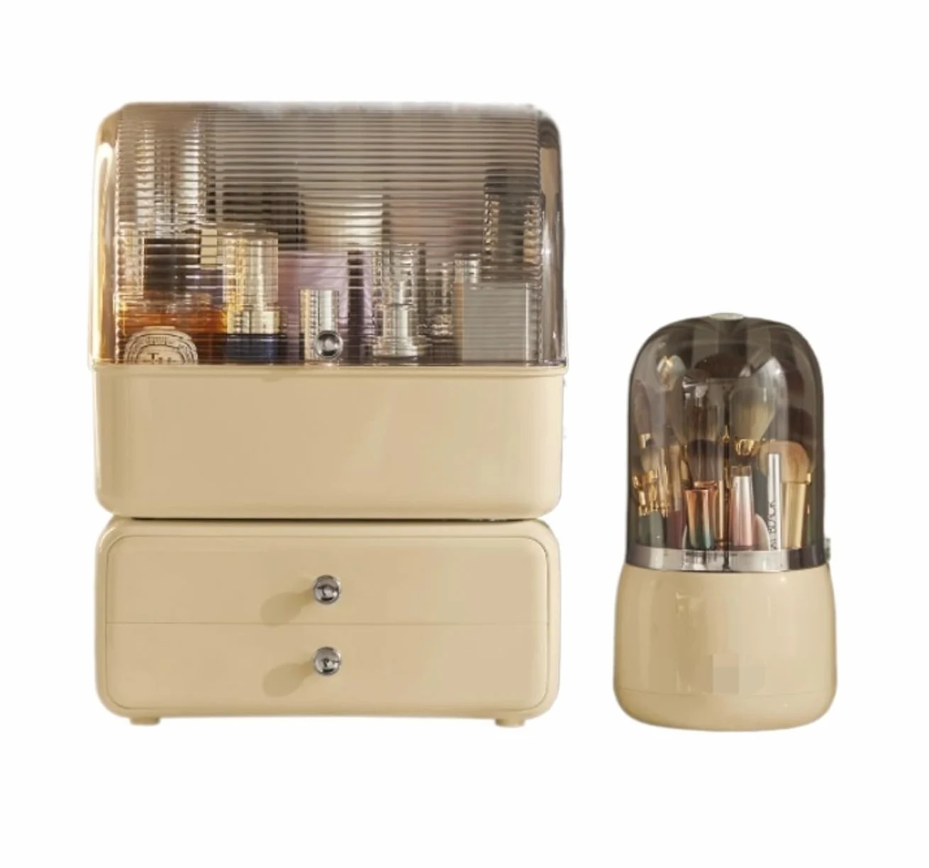 Porta Trucchi,Toeletta 2 Pezzi Organizer per Trucco E Portaspazzole per, Custodia per, per Cosmetici da Appoggio per Vanità Multifunzione(Yellow)