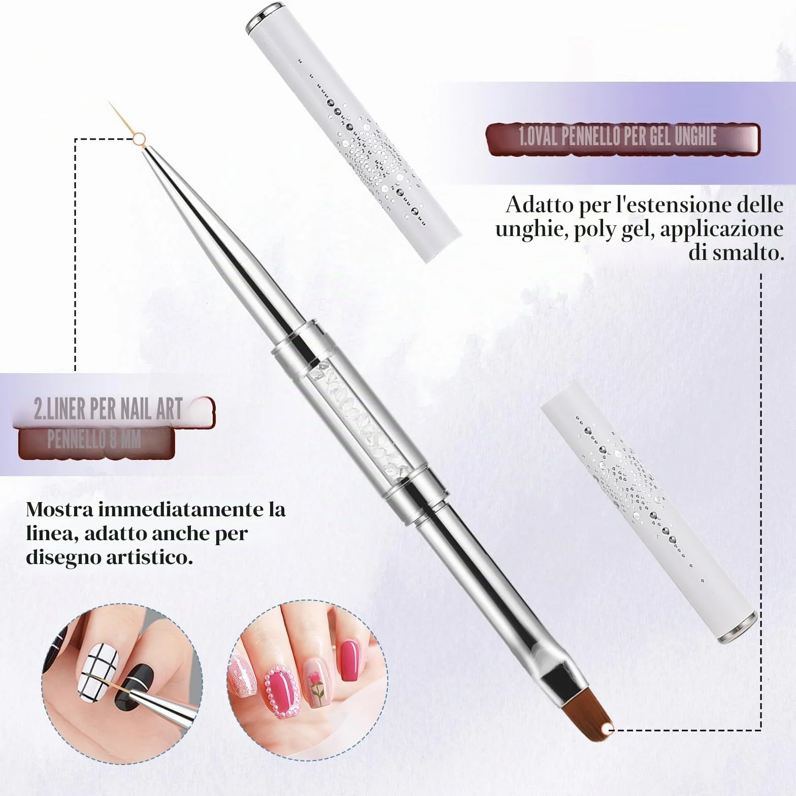 simarro Pennello per unghie a doppia estremità, manico con strass, pennello per unghie in gel, strumenti professionali per nail art, pennello per punteggiatura (1 pezzo bianco)