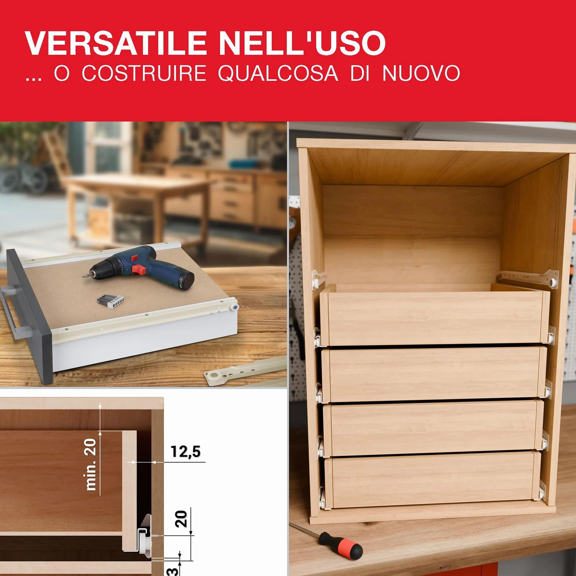 LouMaxx Guide per Cassetti 400 mm Set di 2 Bianco a Scorrimento Morbido