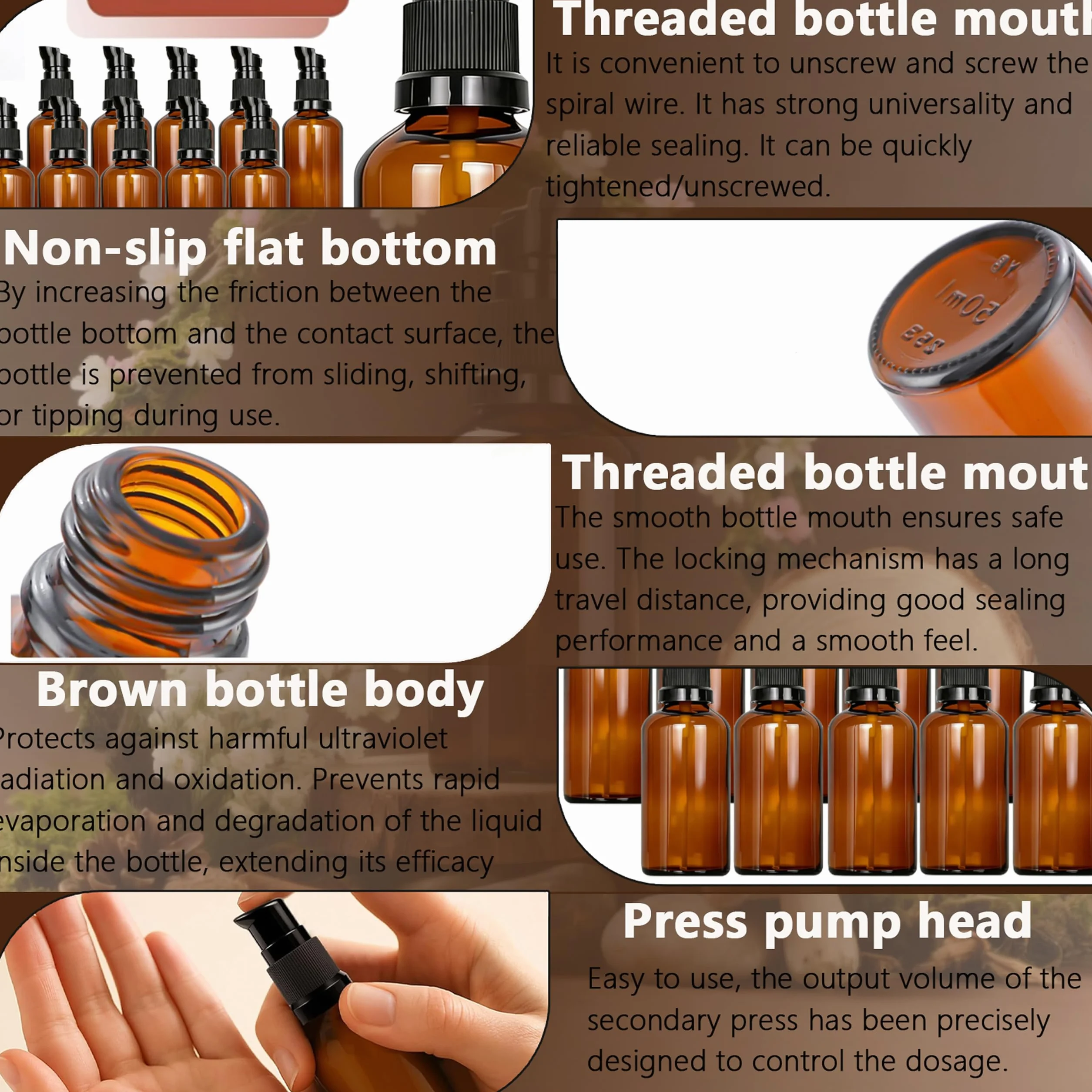 10 pezzi 50 ml Flaconi Vuoti per Oli Essenziali, Flaconi Vuoti in Vetro Ambrata con Pompa, Vetro Marrone Bottiglie da Viaggio, Protezione UV, Ambra, per Cosmetici, Lozioni, Oli Essenziali