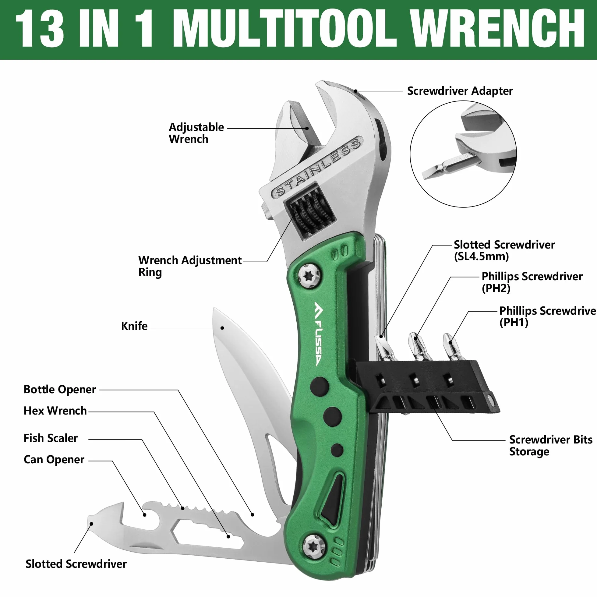 FLISSA Multitool 13 in 1 Chiave Multiutensile Regolabile con Borsa per Riparazioni Auto e Domestiche Verde