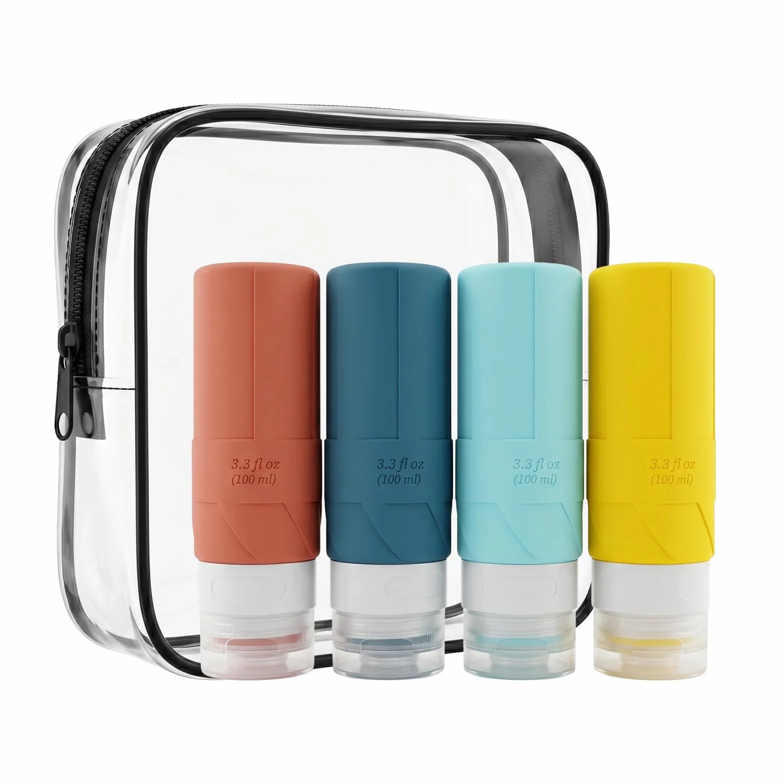 Flaconi da Viaggio 100 ml, 4 Pezzi Kit Viaggio Liquidi, Contenitori da Viaggio per Liquidi, Silicone Senza BPA, Riutilizzabile Adatto per Creme Lozioni