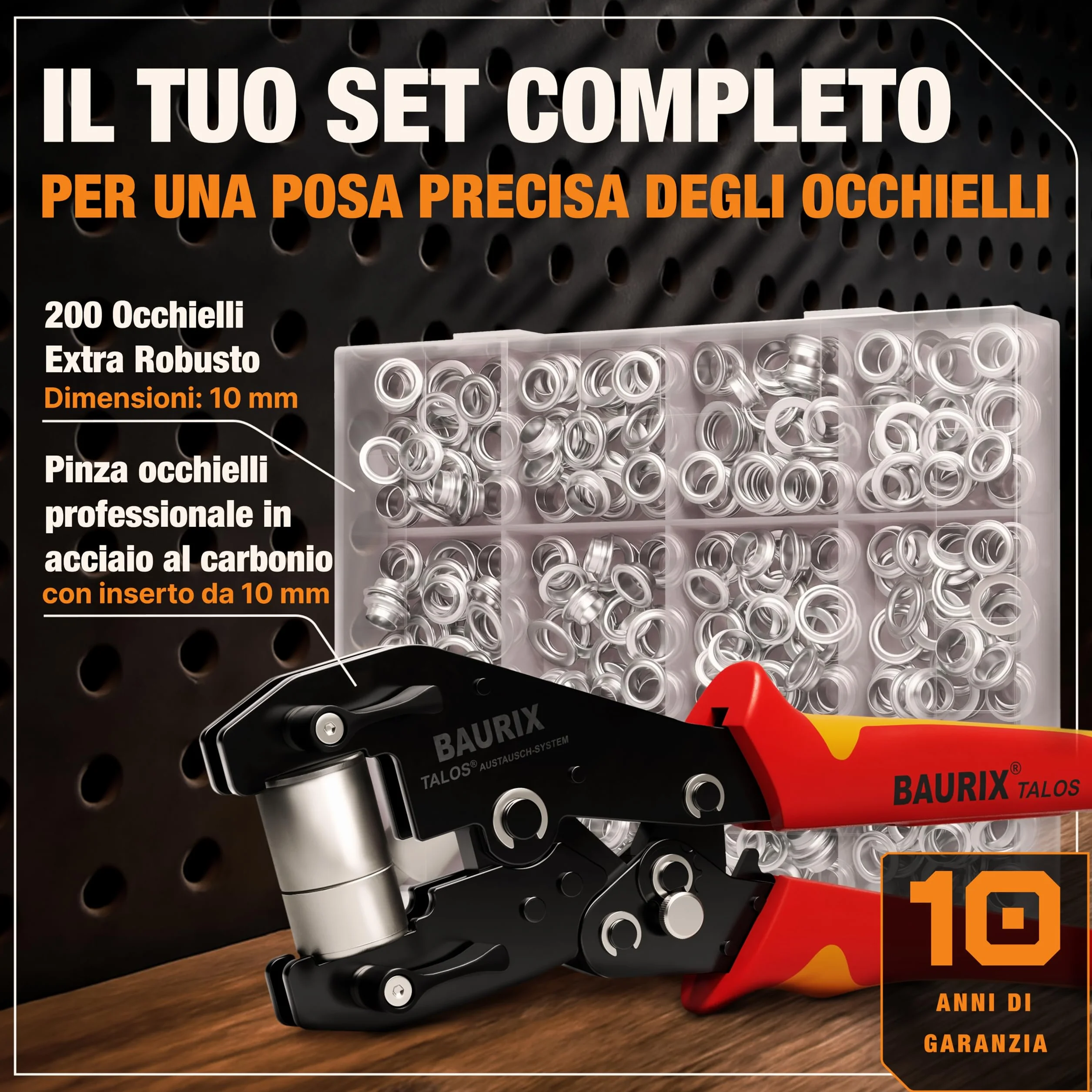 BAURIX Pinza Occhielli con 200 Occhielli Ø10 mm per Telo Stoffa Pelle Tessuti Autopunzante Senza Foro TALOS
