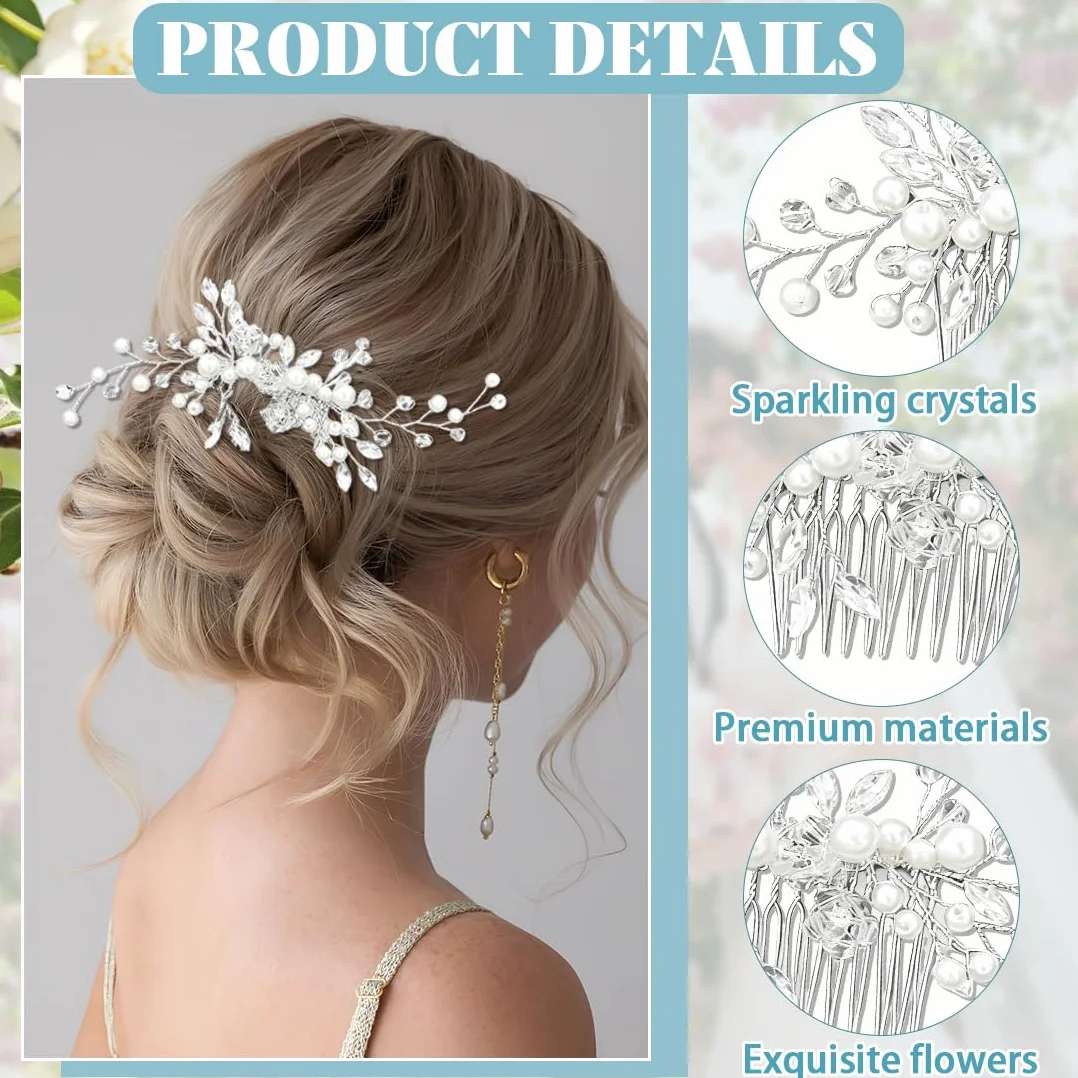 Fermaglio Capelli Sposa Argentato Con Cristalli, 2 Pettini Eleganti Per Matrimonio E Occasioni Speciali, Set Completo Per Donne E Ragazze