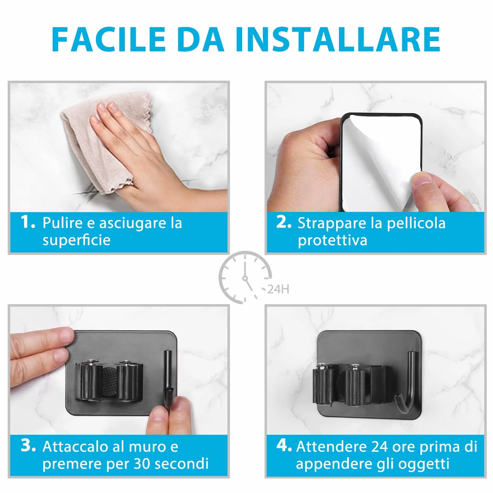 HOMEASY Portascope da Muro Adesivo Appendibile 4 Pezzi, Acciaio Inossidabile per Cucina Bagno Giardino, Nero