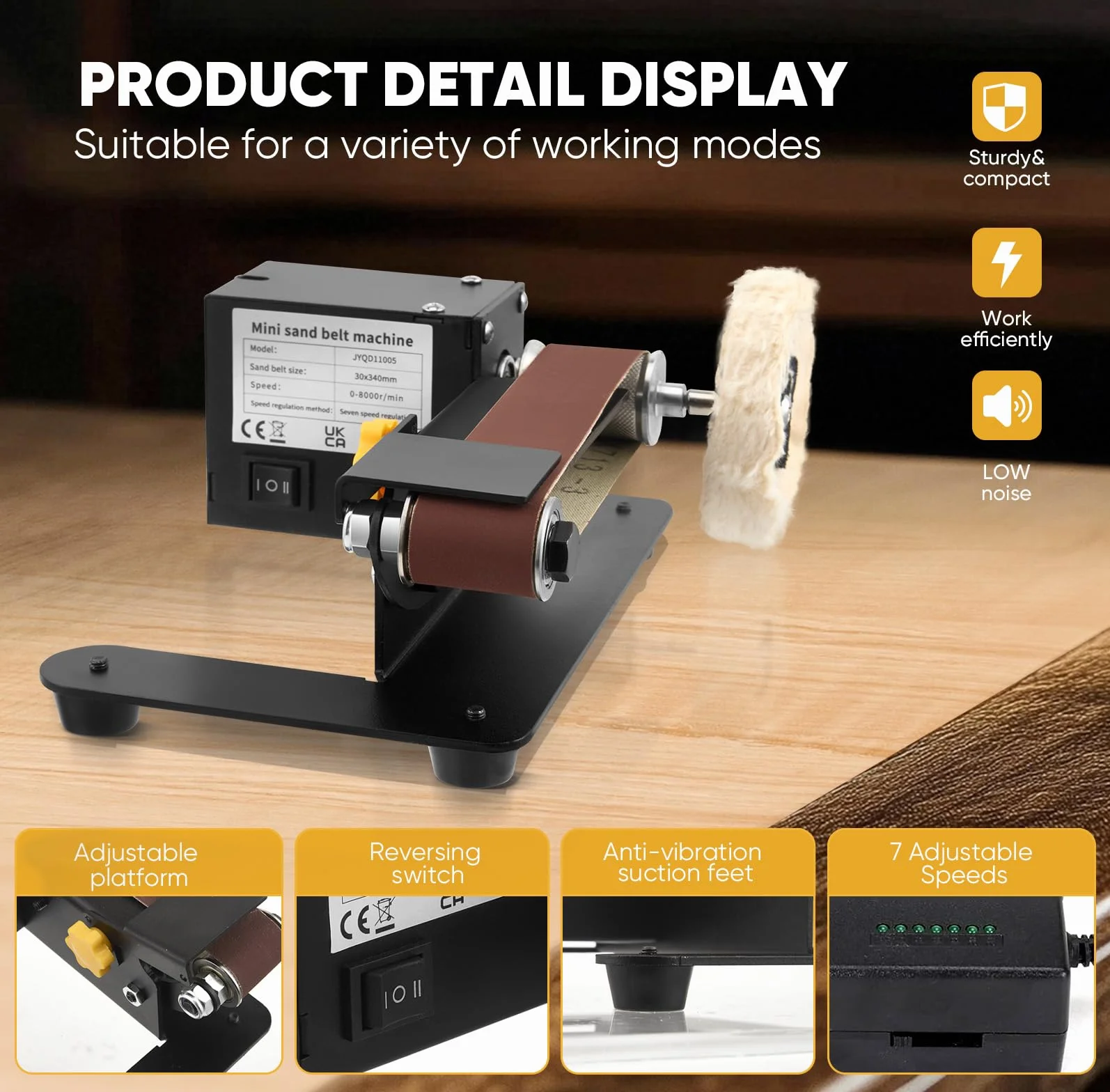 Levigatrice a nastro mini elettrica 250 W 7 velocità regolabili 330 x 30 mm per metallo legno