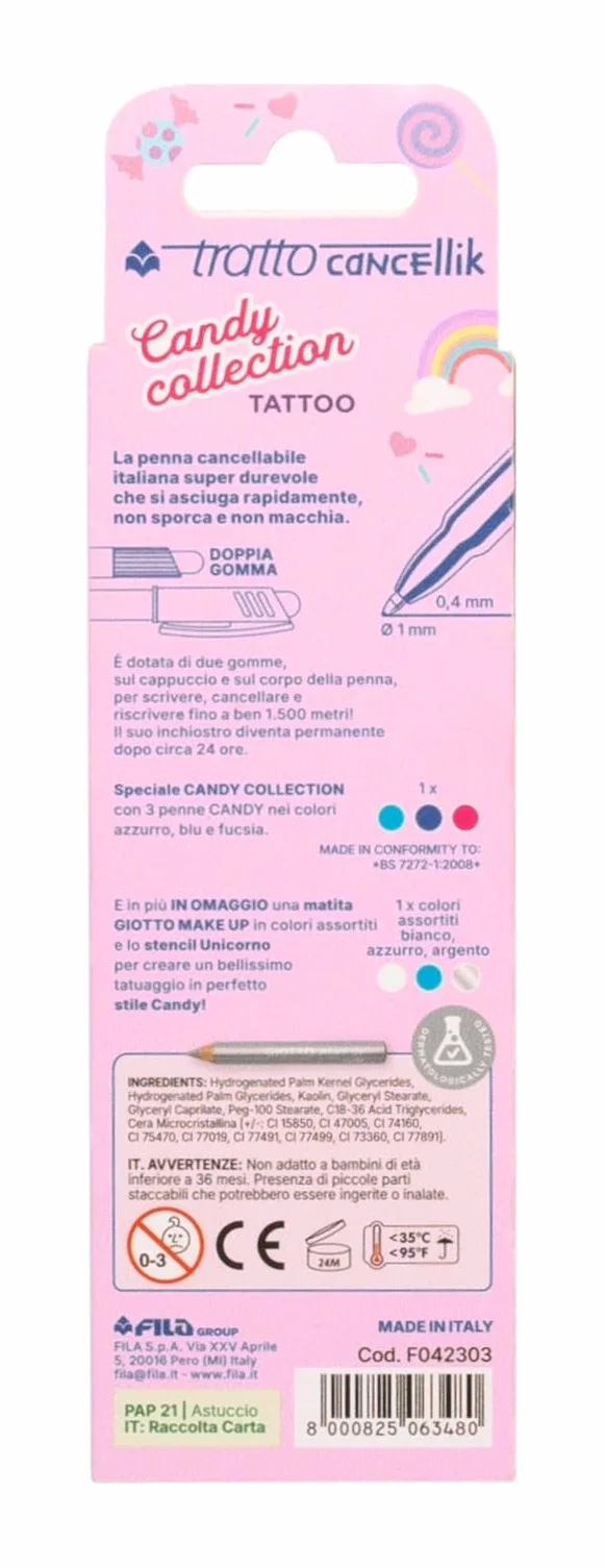 TRATTO Cancellik Candy Collection TATTOO - 3 penne cancellabili + 1 matita make up + Stencil tattoo