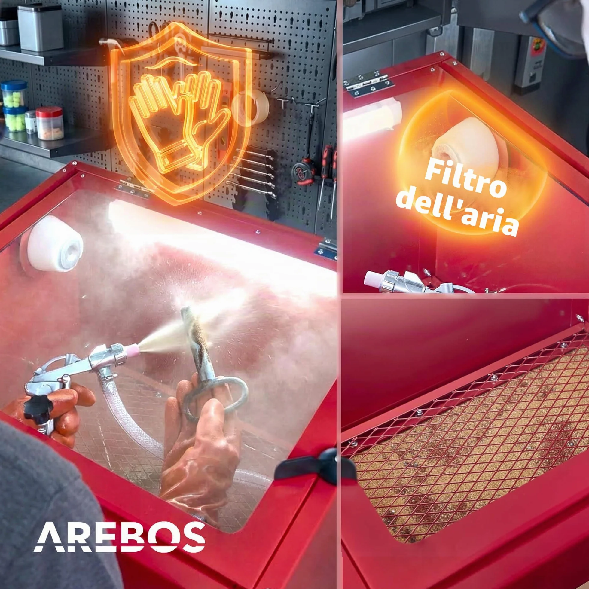 Arebos Cabina sabbiatrice 90 litri Sabbiatrice pistola getto 4 ugelli ceramica