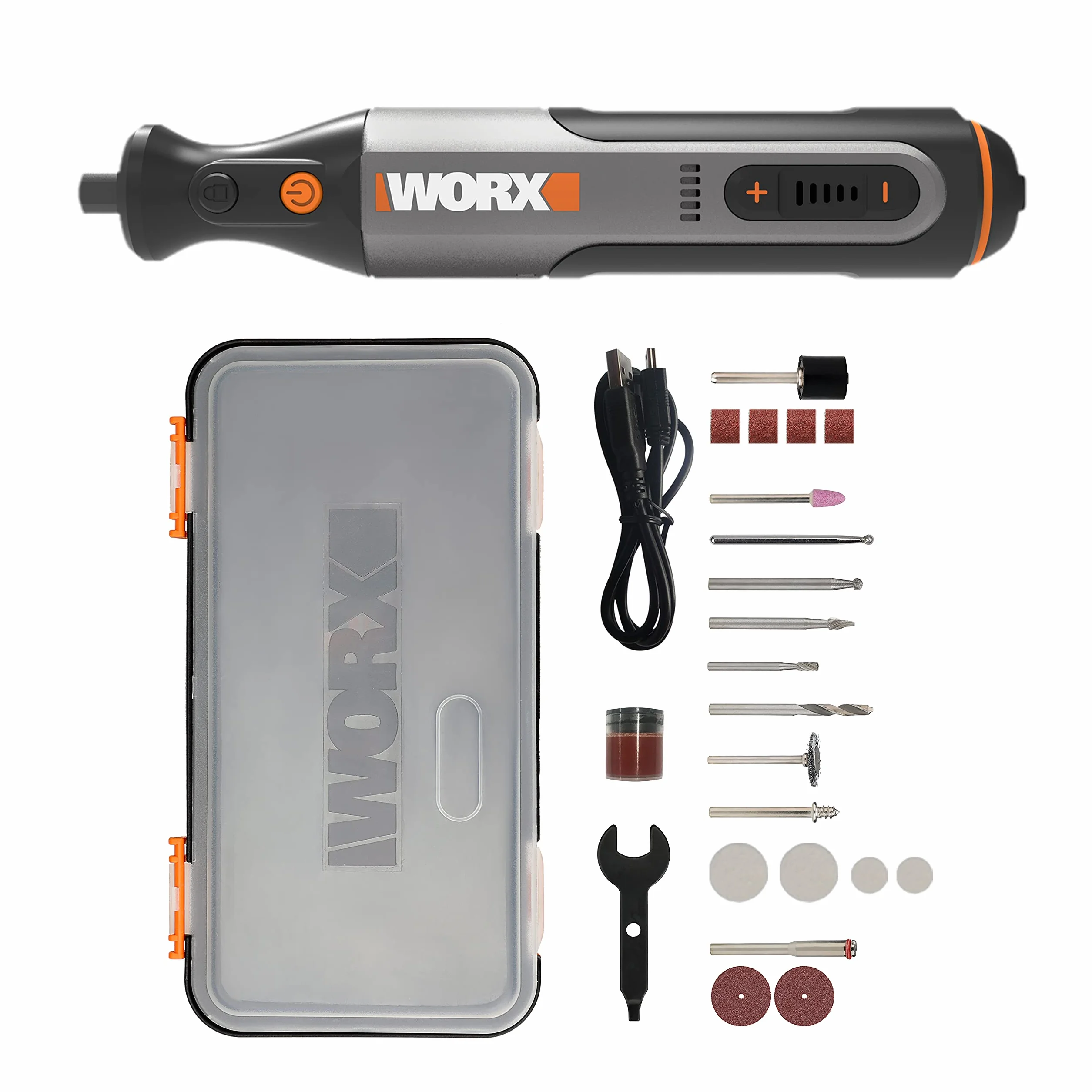 WORX WX106 8V Utensile Rotativo Cordless con 23 Accessori, Caricamento USB, Pinze 3,2 mm, Controllo Velocità Variabile