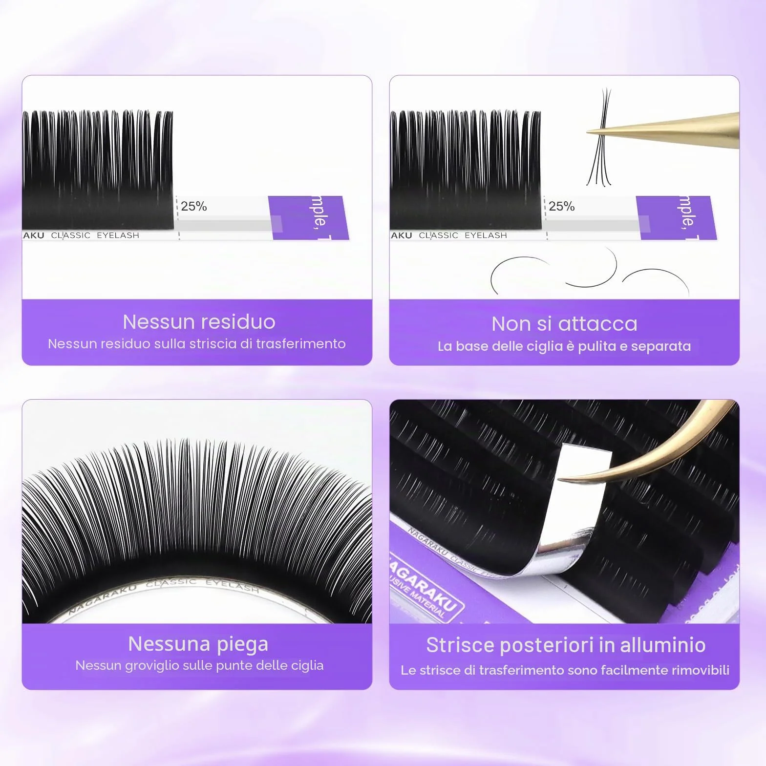 NAGARAKU Individuali Ciglia Classiche 1:1 Extension Ciglia Professionali Effetto Volume Russo Leggere Morbide Naturali Punte Long Taper Sottili Radici Senza Colla Nero Opaco 16 Rows (0.07mm C 7-15mm)