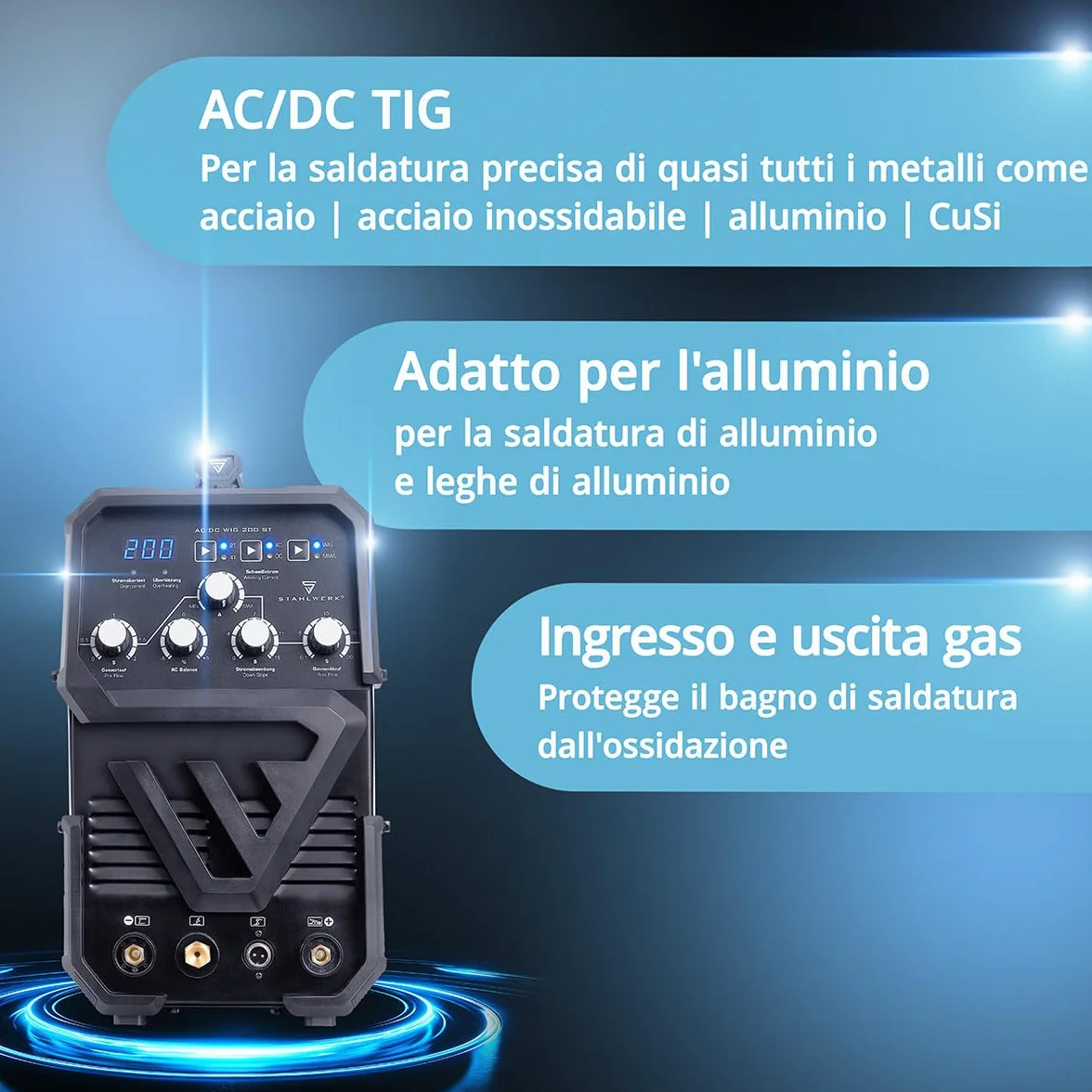 STAHLWERK Saldatrice 2-in-1 AC/DC TIG 200 ST TIG MMA 200 A HF Hotstart Anti-Stick IGBT