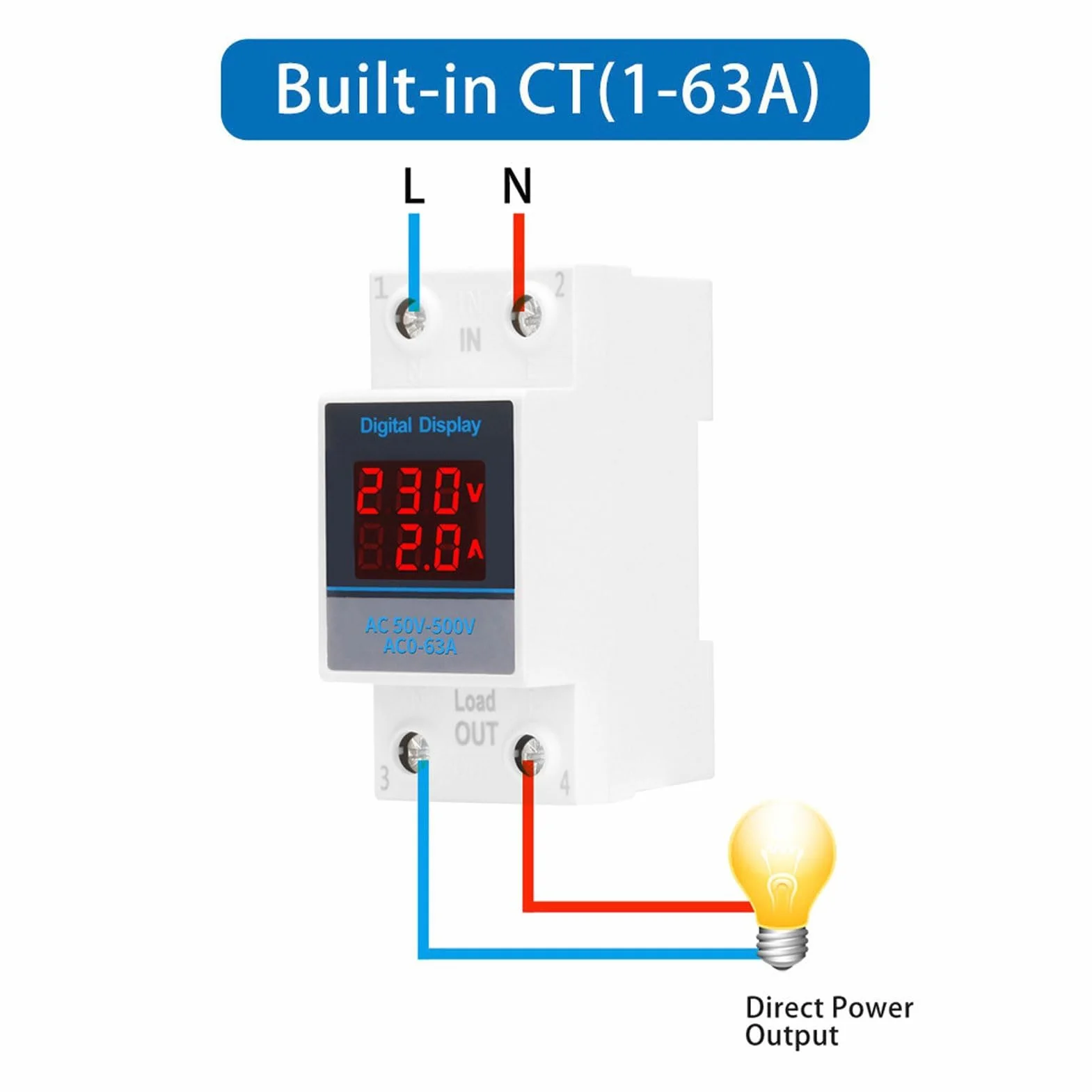 Amperometro Monofase Guida DIN Misuratore Tensione CA Corrente Display Digitale AC50-500V