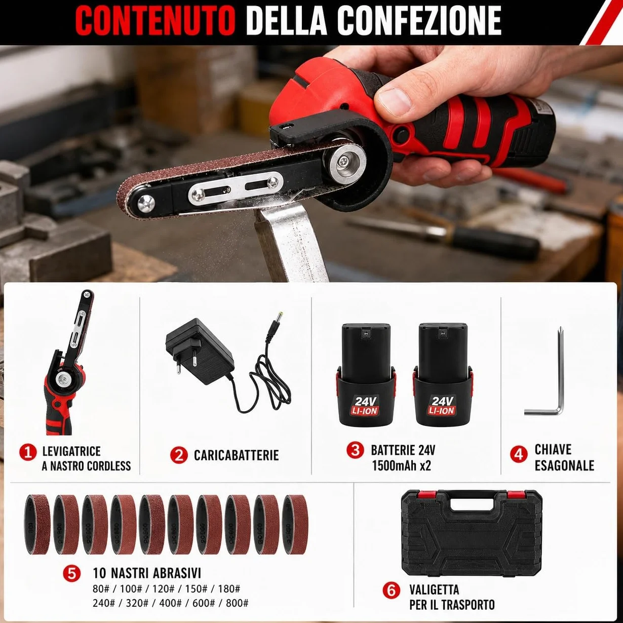 Mini Levigatrice a Nastro a Batteria 24V 10x330mm 360° con 2 Batterie 10 Nastri Abrasivi per Metallo Legno