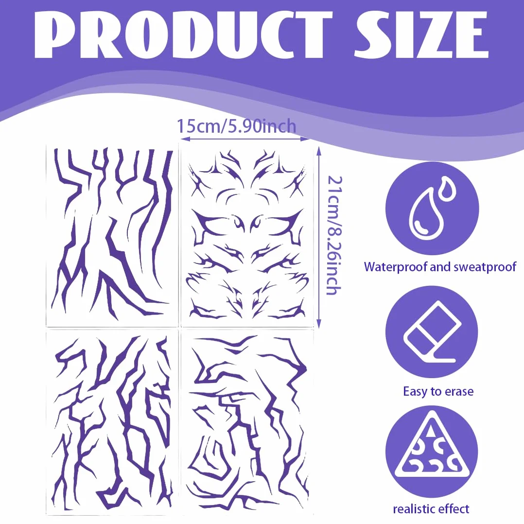 Tatuaggi Temporanei Demon Purple Hunter Set 4 pezzi – Stickers viola luminosi per Cosplay, Festival, Halloween – Tattoo impermeabili