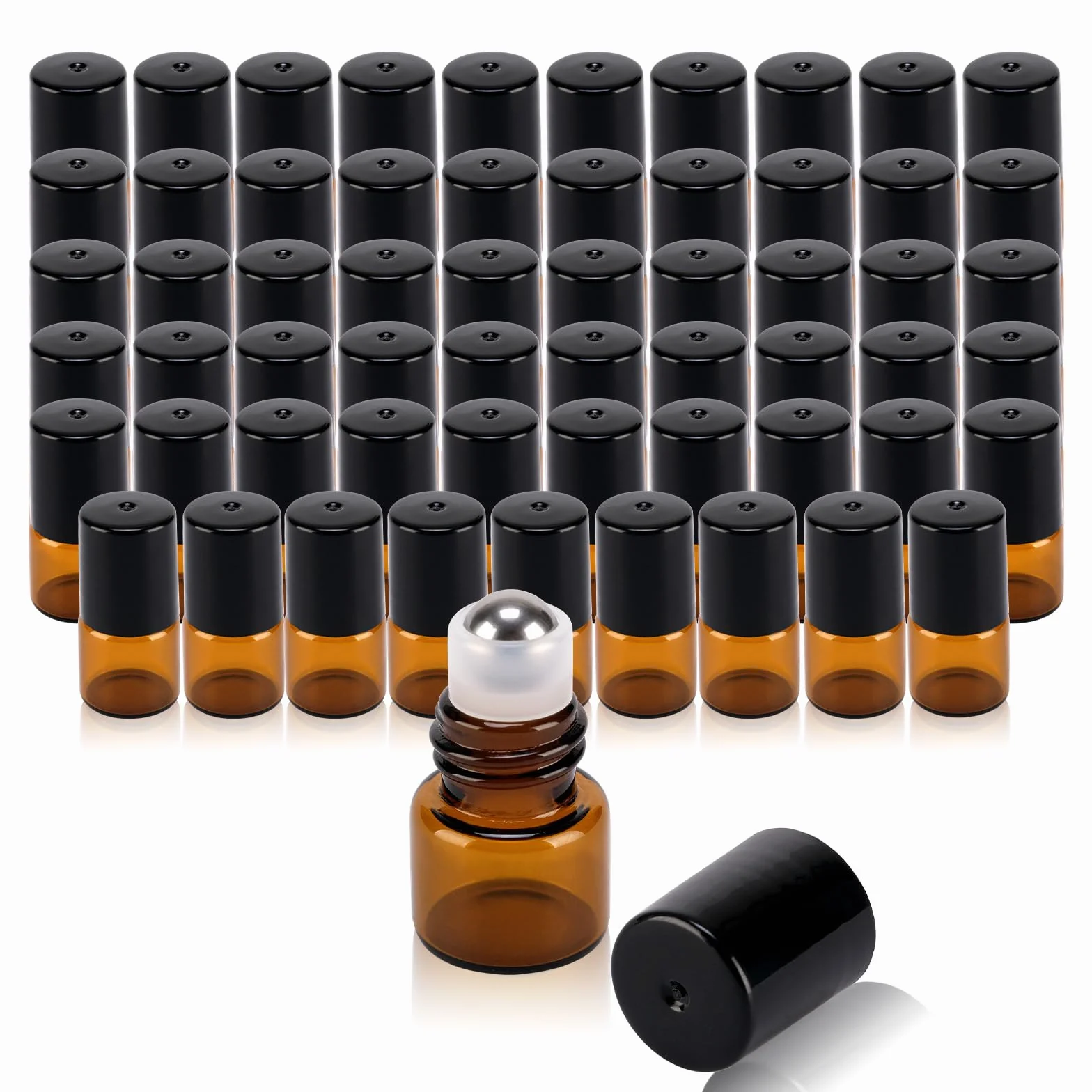 Confezione da 60 flaconi roll-on in vetro ambrato da 1 ml per oli essenziali, ricaricabili, con sfere a rullo in acciaio inox, mini contenitori per trucco a prova di perdite, con pipette e
