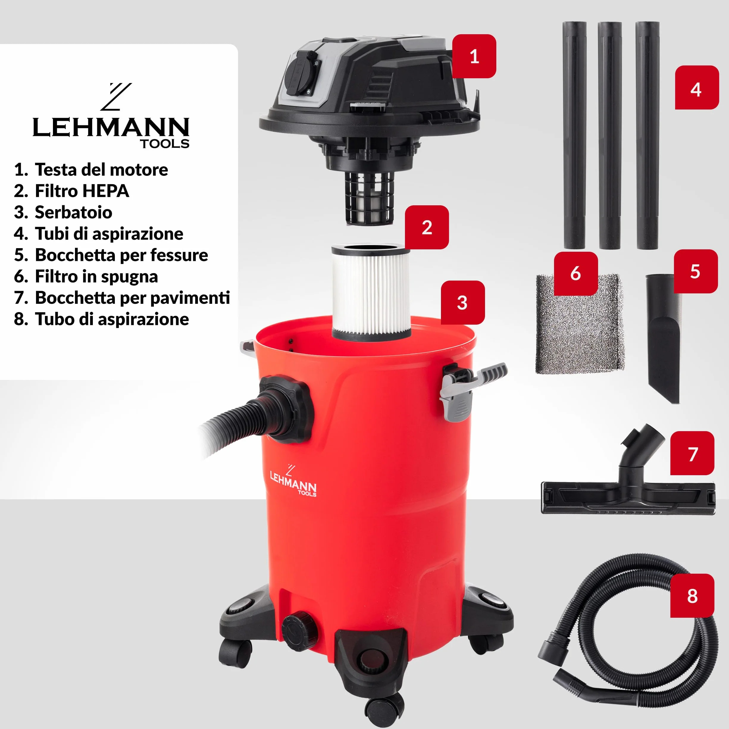 LEHMANN Aspirapolvere Industriale 30 L Aspira Solidi e Liquidi HEPA Soffiaggio