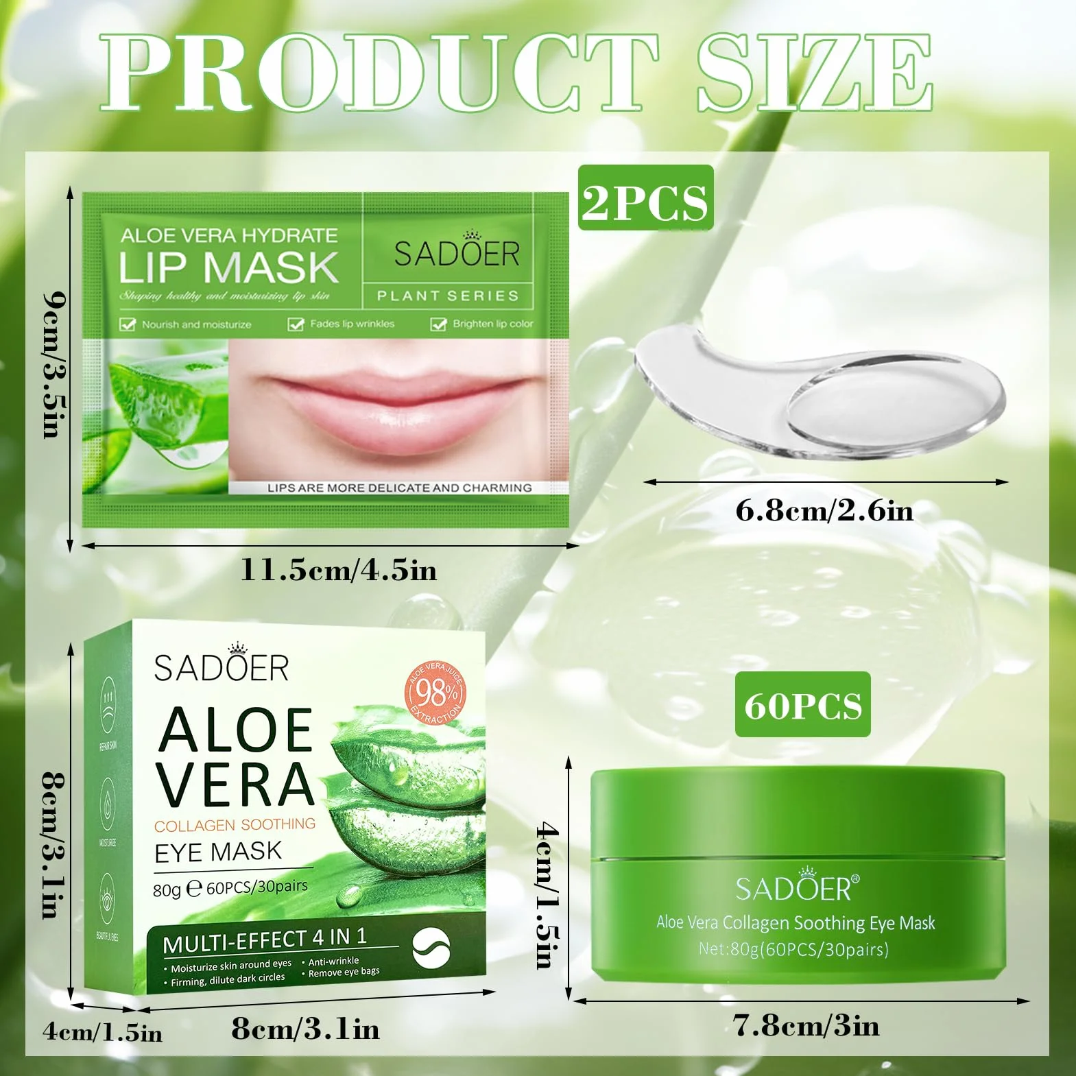 60 Pezzi Aloe Vera Maschera Occhi, Collagene Patch Occhi con Maschera per le Labbra, Patch Occhiaie e Borse, Anti-Rughe e Anti-Occhiaie, Rimuovi Borse e Puffiness, Idrata Anti-Età