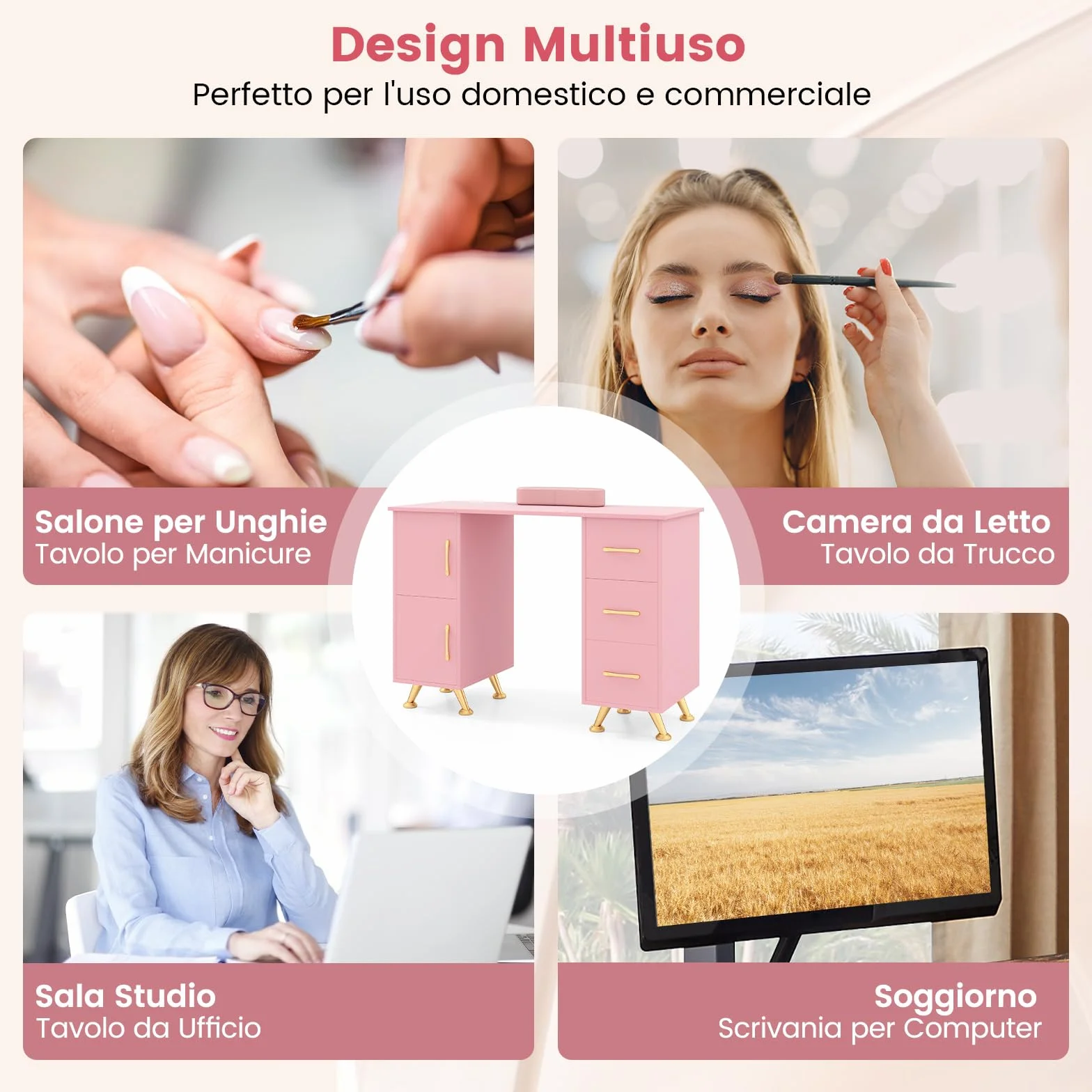 COSTWAY Tavolo per Manicure, Tavolo per Unghie con Cassetti, Cuscino Poggia Polsi e Gambe in Metallo, Stazione per Unghie Estetista Nail Art per Salone di Bellezza (Rosa)