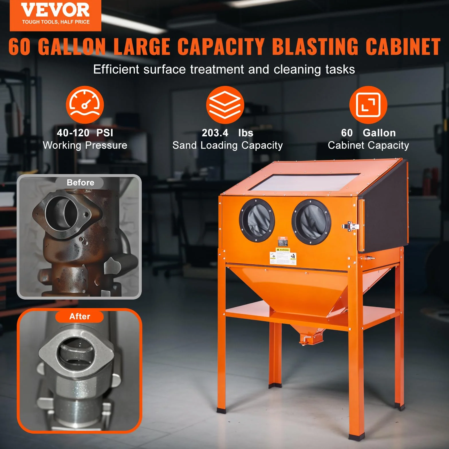 VEVOR Armadietto per Sabbiatura 60 Galloni, 40-120PSI, Sabbiatrice in Acciaio, Pistola con 4 Ugelli in Ceramica