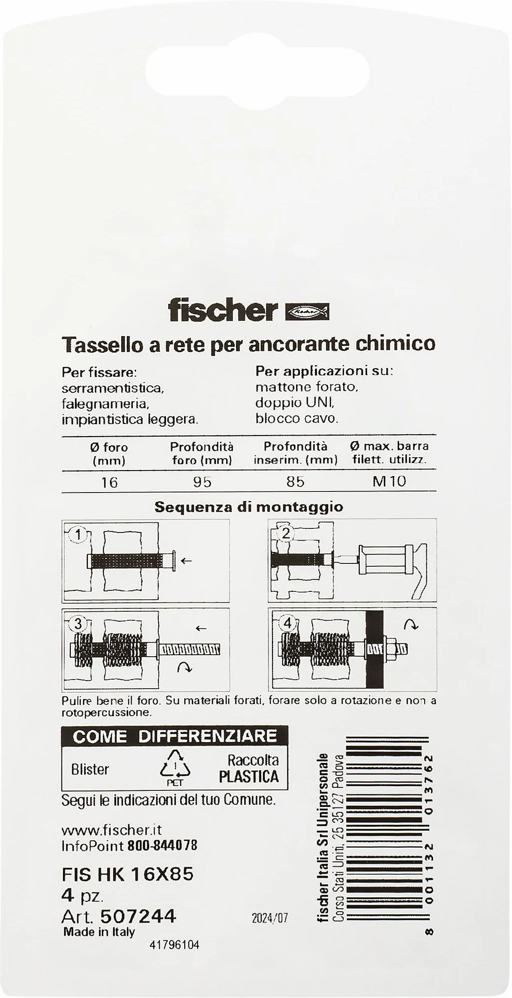 Fischer FIS HK 16x85 K Tasselli a Rete per Barre M8/M10, 4 Pz