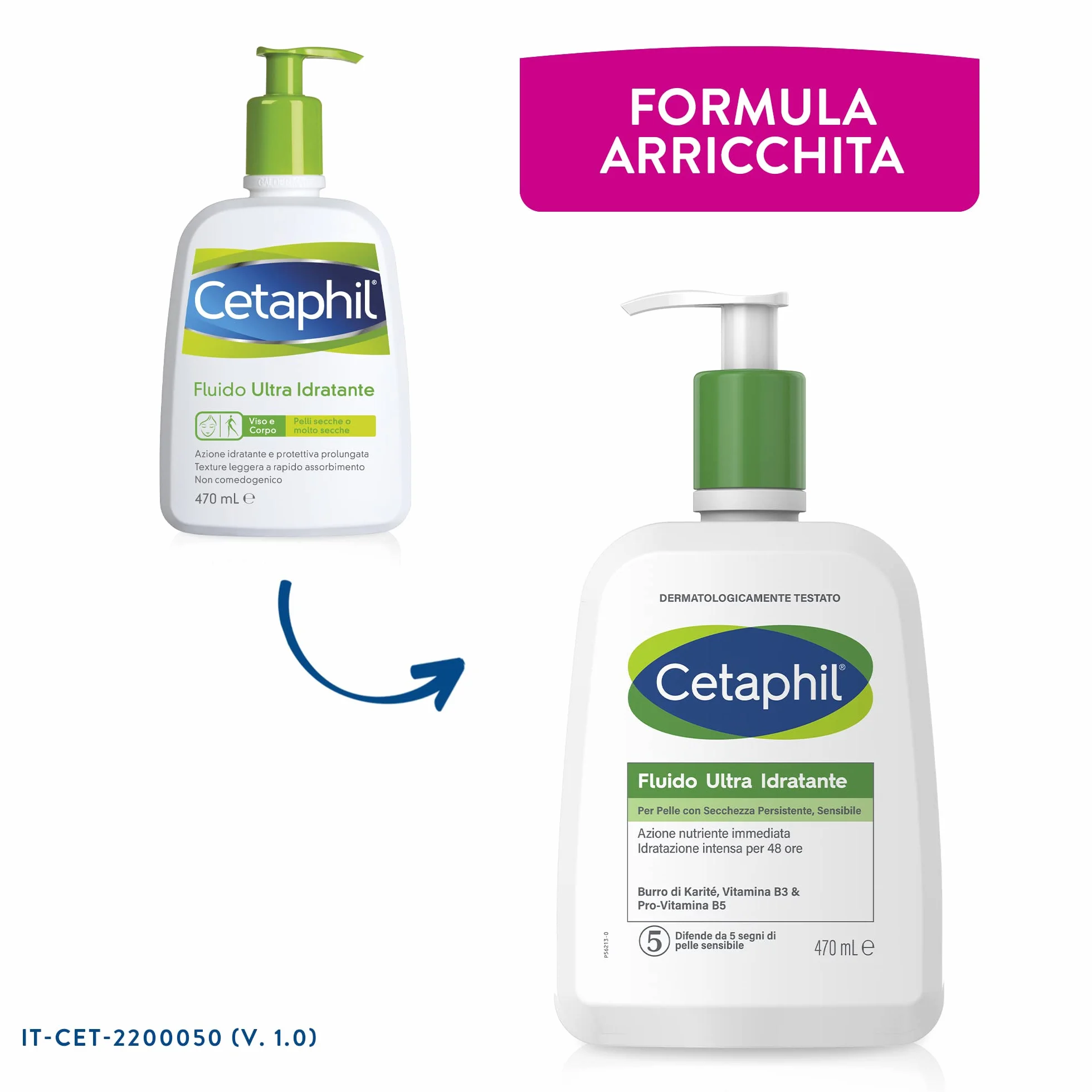 Cetaphil Fluido Ultra Idratante, Crema Viso e Corpo, per Pelle con Secchezza Persistente e Sensibile, Idrata Fino a 48 Ore, Senza Profumo, Formato 470 ml