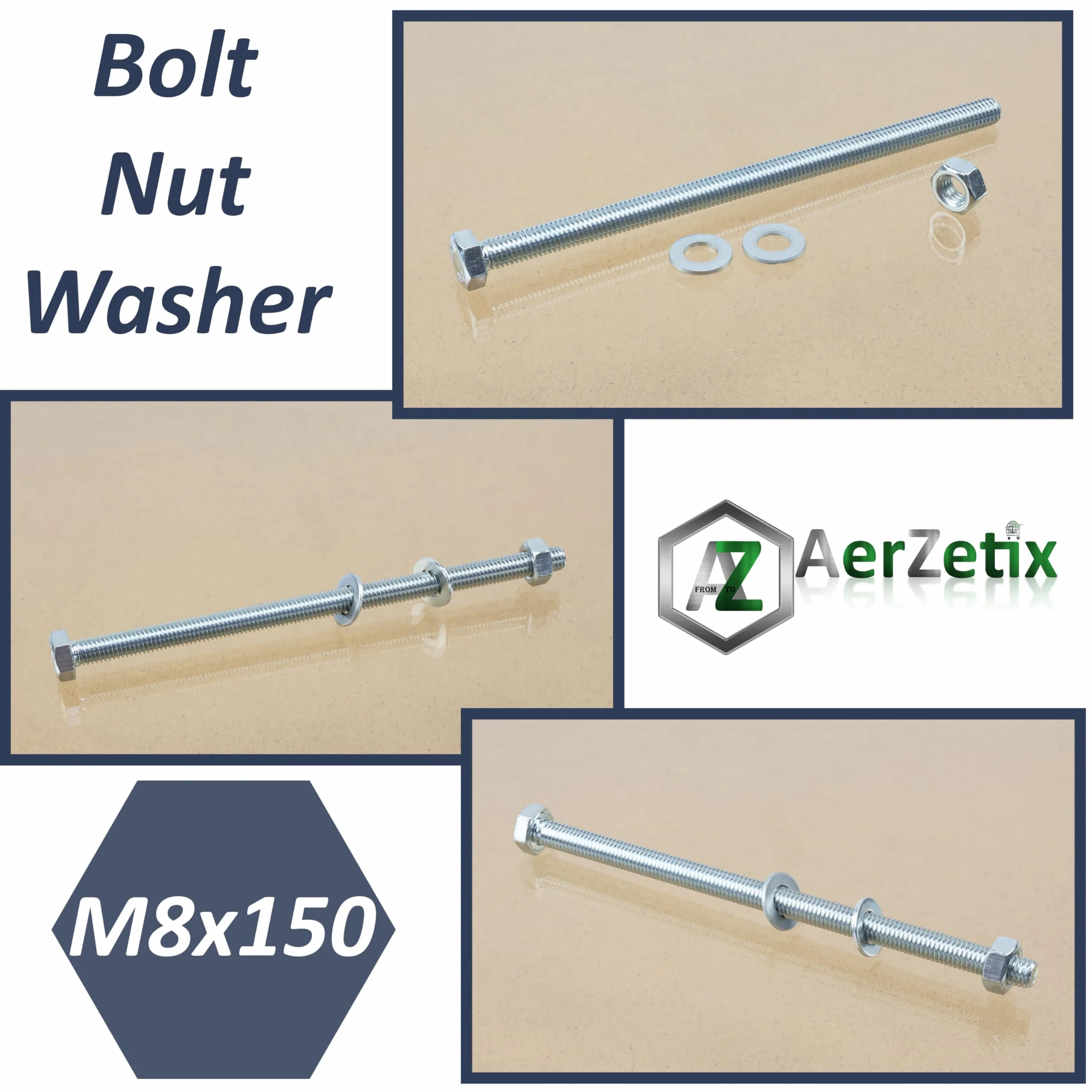 AERZETIX Set bulloni M8x150 mm testa esagonale 5 pezzi + rondelle M8x16 mm + dadi esagonali M8