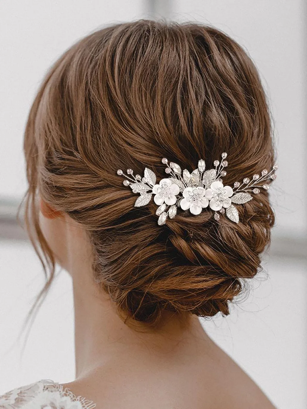 Pettinino per capelli da sposa con fiori argentati e cristalli, accessorio per capelli per donne e ragazze