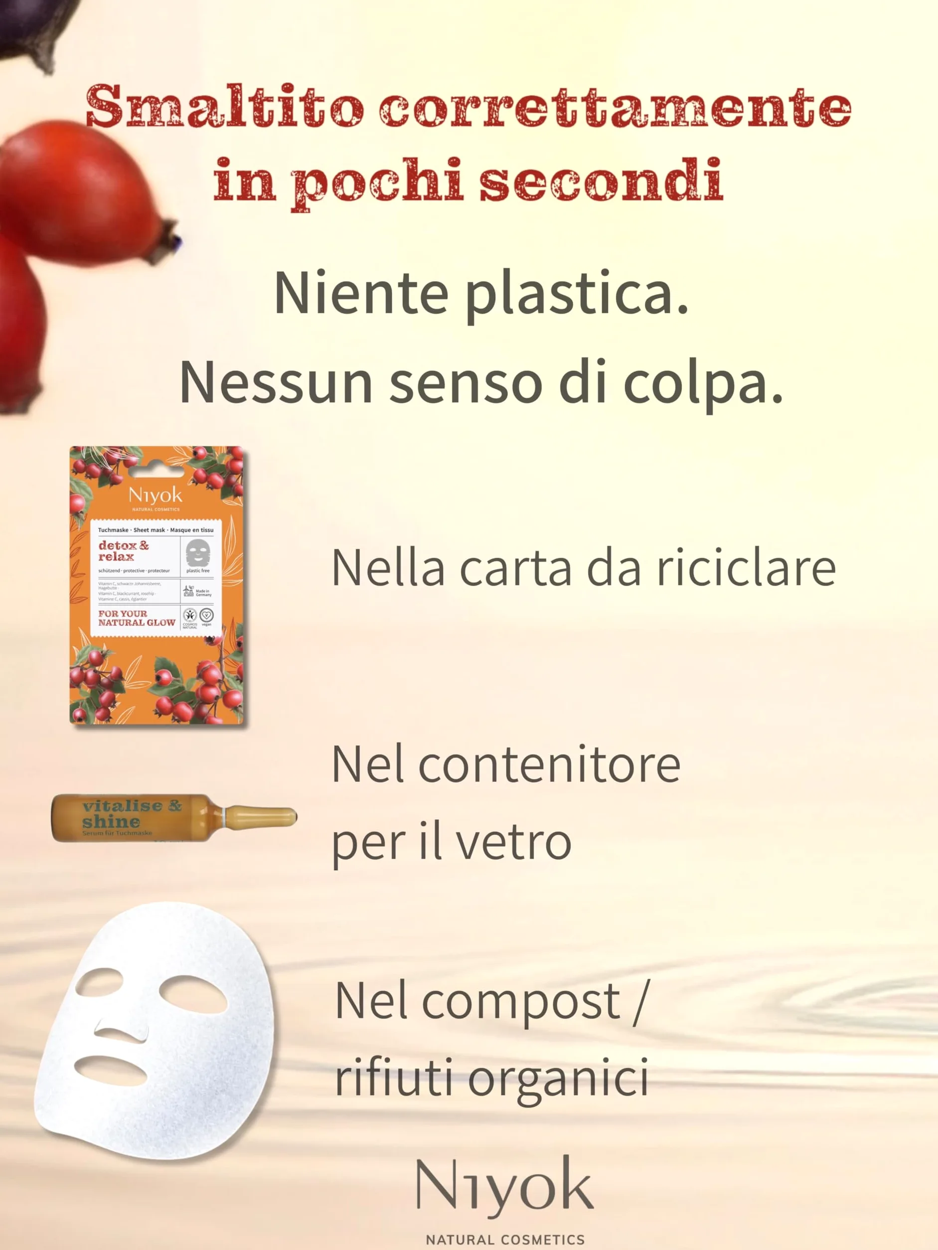 Niyok Maschera in tessuto protettiva – Maschera antiossidante con vitamina C « Detox & Relax » | Maschera viso in fibra vegetale compostabile | Vegan | COSMOS NATURAL | Made in Germany