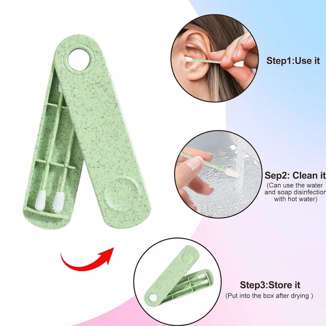 4 Pezzi Cotton Fioc Riutilizzabile per Pulizia Orecchio Tampone Riutilizzabile Spirale a Doppia Estremità con 2 Supporti da Viaggio, Cotton Fioc Riutilizzabili, Coton Fioc, Verde e Blu