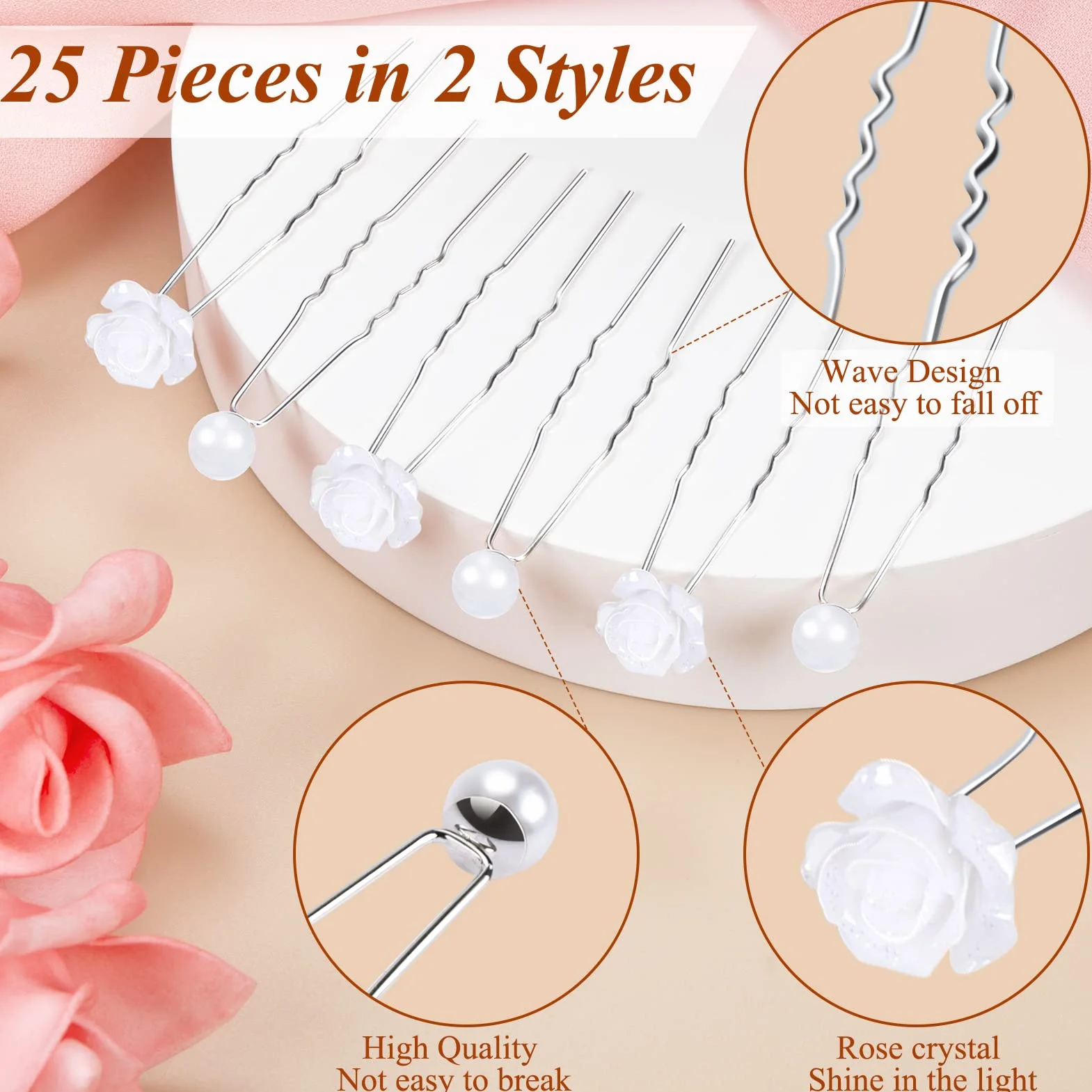 25 Pezzi Forcine per Capelli Sposa, Accessori Capelli Sposa Forcine per Capelli di Rosa Bianca Perla, Capelli con Perlé a Forma di U per Matrimoni, Spose, Damigelle, Anniversari e Comunione