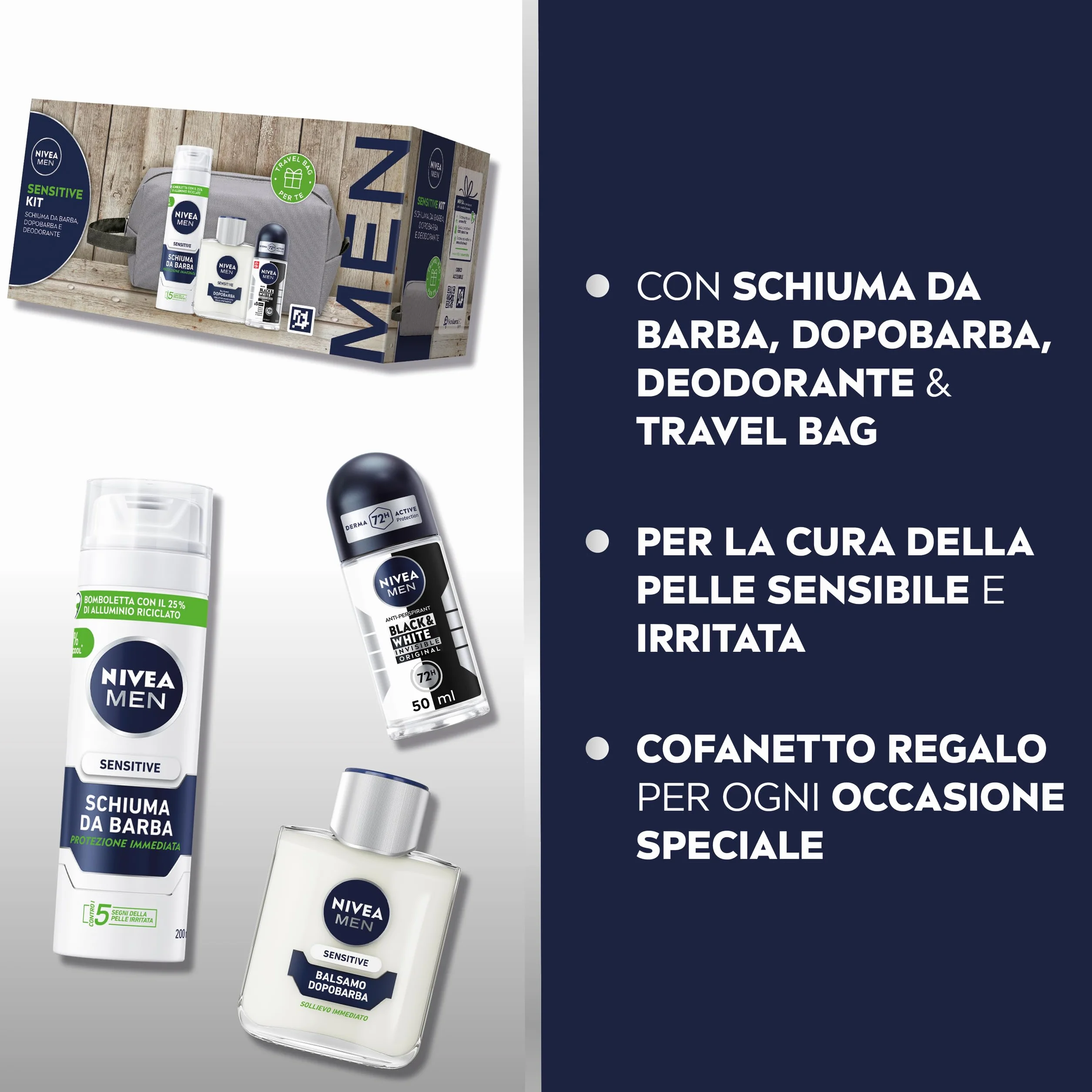 NIVEA MEN Sensitive Kit Cofanetto Regalo Uomo, Set regalo con Schiuma da Barba 200 ml, Balsamo Dopobarba 100 ml, Deodorante uomo Black & White 50 ml e Travel Bag omaggio inclusa