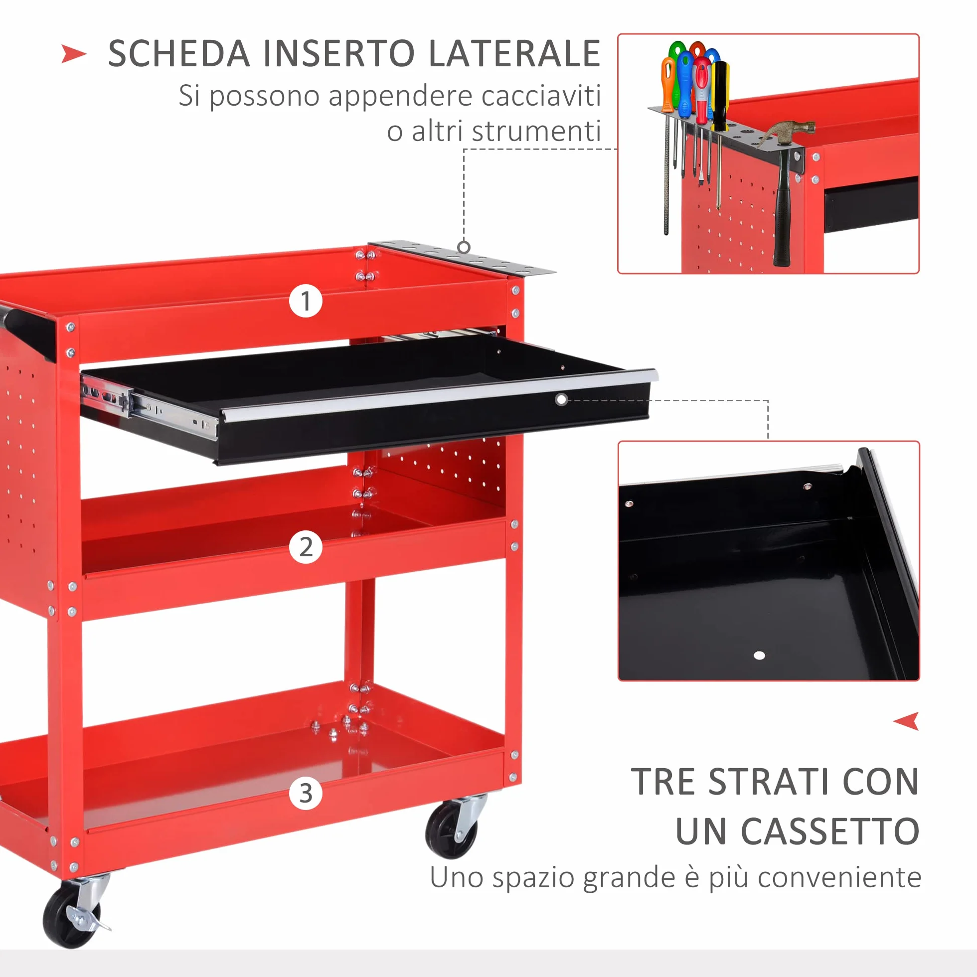 DURHAND Carrello Porta Attrezzi con Cassetto e 3 Ripiani, 4 Ruote, Lamiera di Acciaio, 82x35x76 cm, Rosso