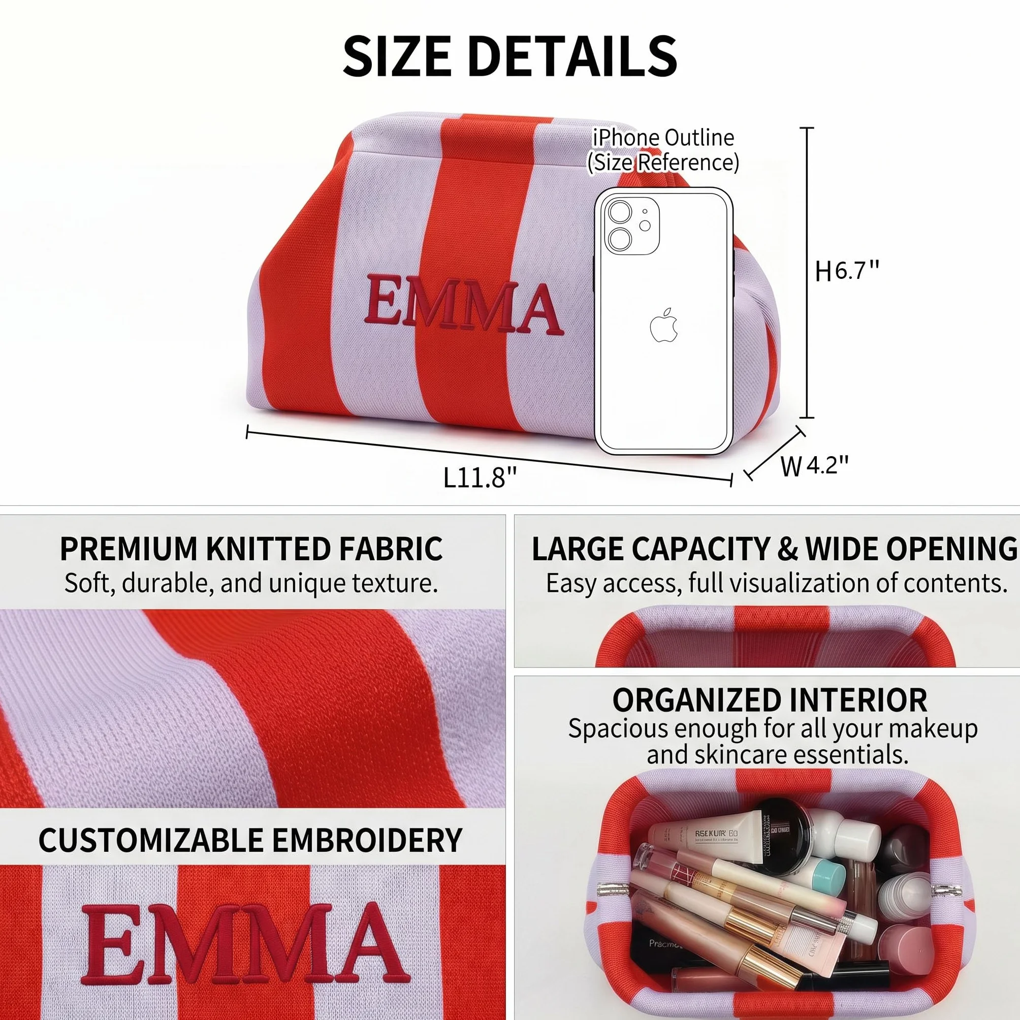 Borsa per il trucco in maglia a righe personalizzata, borsa da toilette ricamata personalizzata con grande capacità, regali per damigella d'onore per donne, borsa portaoggetti Mahjong adatta