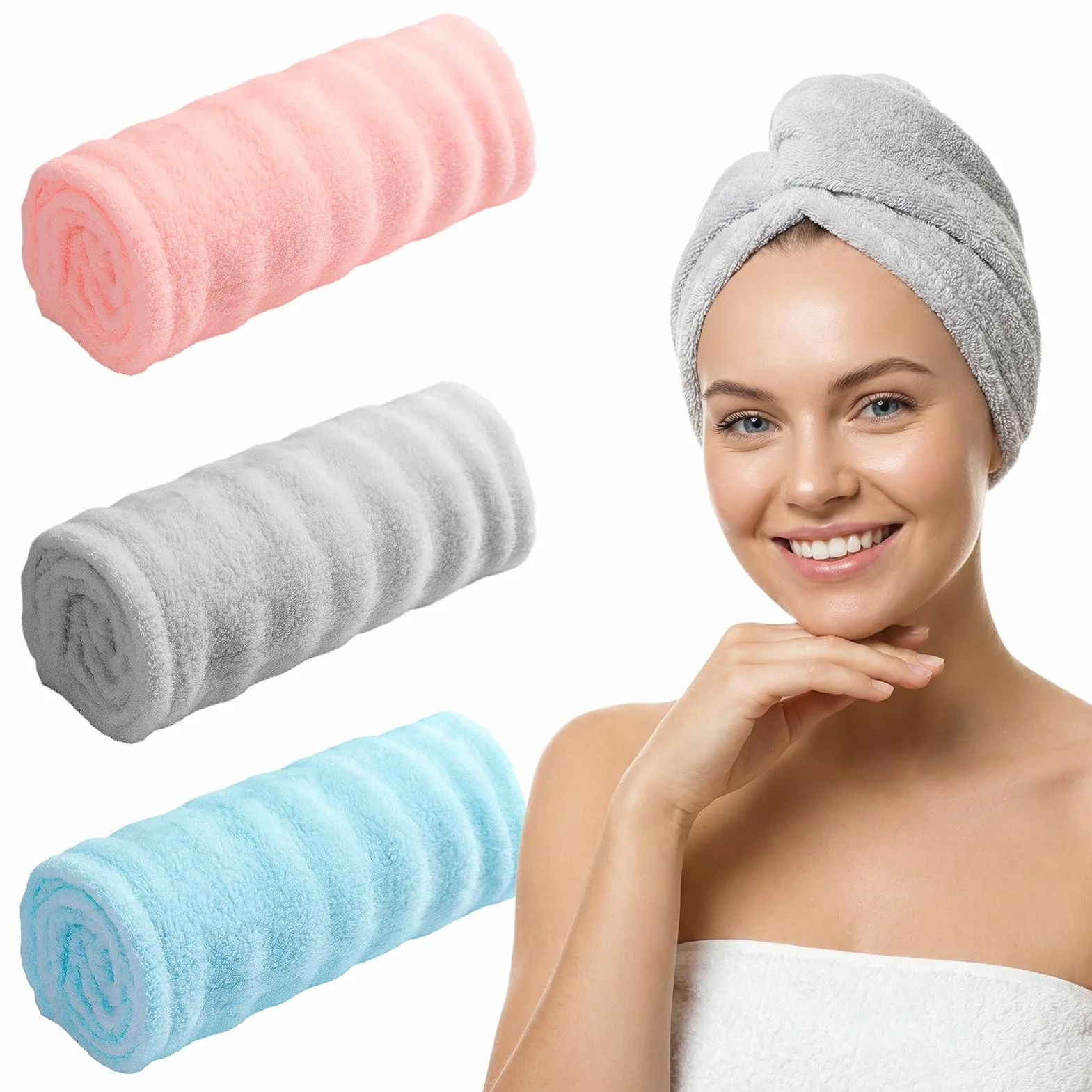 Asciugamani per Capelli a Turbante 3 Pezzi Turbante Asciugacapelli Forte assorbimento d'acqua Asciugamano Capelli Turbante in Microfibra Asciugamano per Capelli per Capelli Ricci Lisci