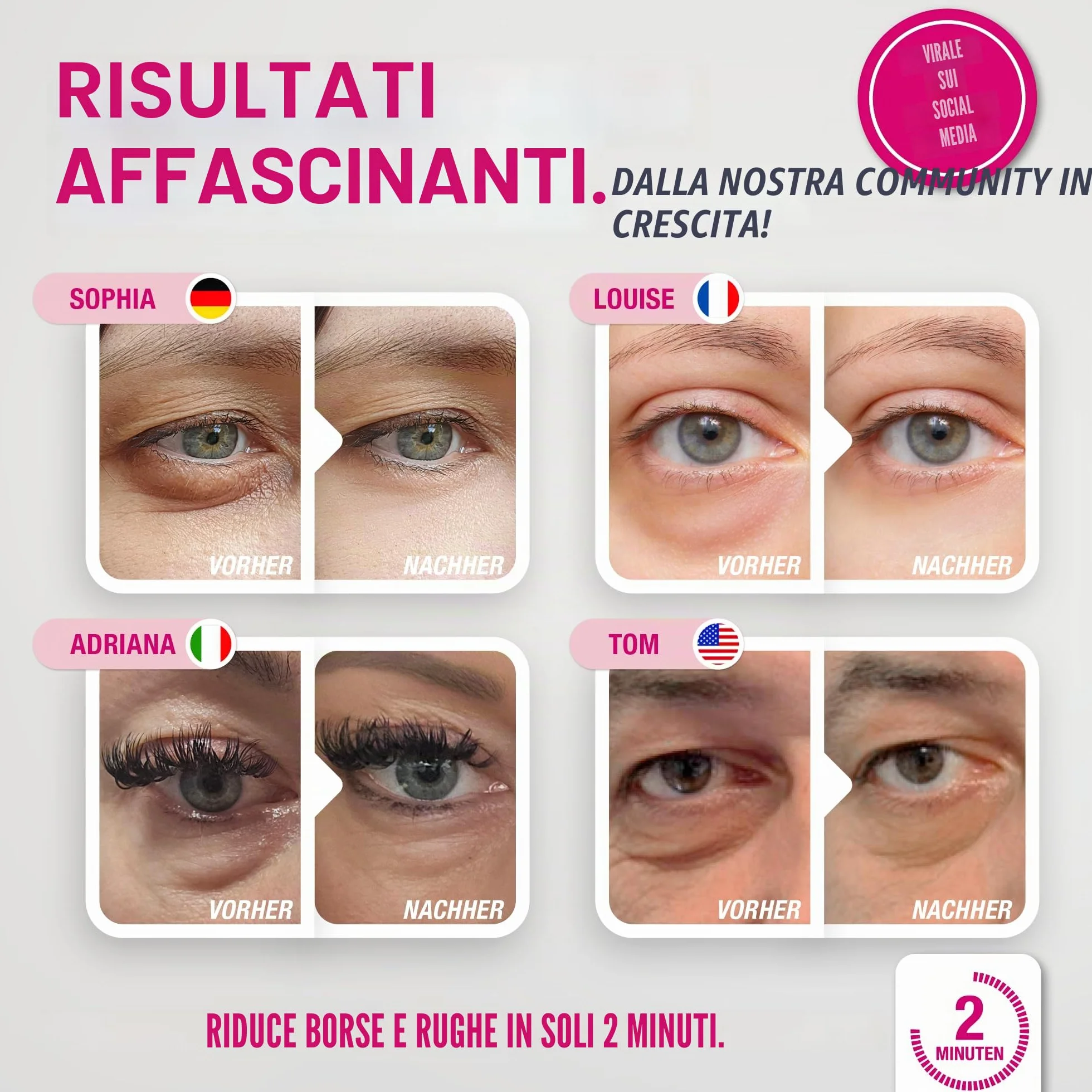 EYEBAGHACK - Effetto Express Eyelift contro le borse e le rughe, occhi visibilmente lisci in 2 minuti, tecnologia Invisible Flex Film per un effetto fino a 10 ore, 5x mini tubetti richiudibili