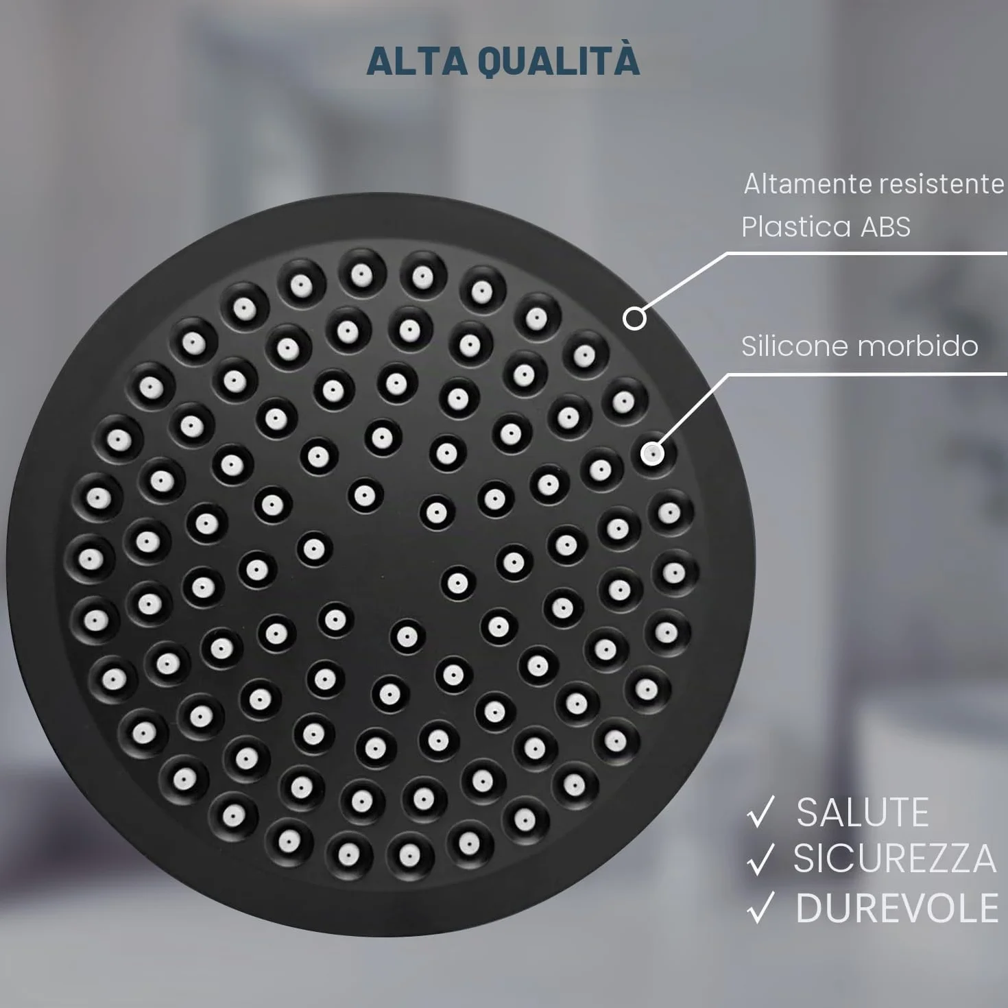 Soffione Doccia Anticalcare Fisso Pioggia Rotondo Regolabile 360° Pulizia Automatica Negro