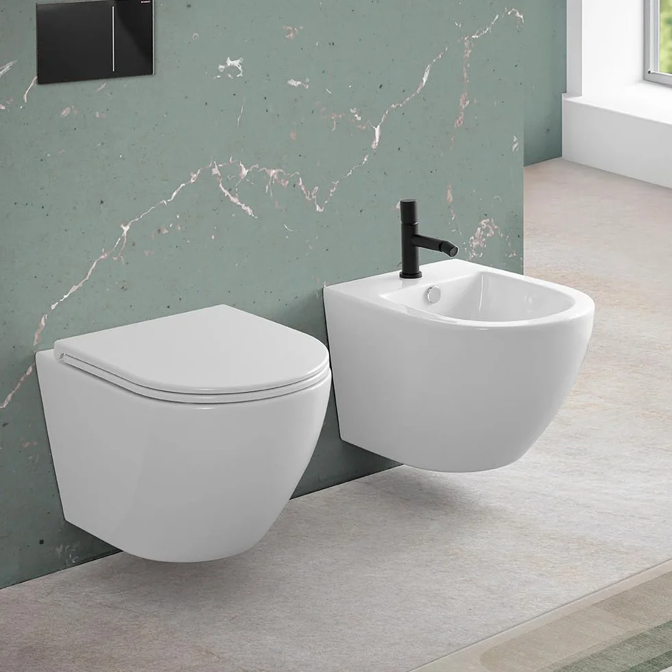 Sanitari sospesi TAO con risciacquo a vortice e copriwc soft-close, scarico universale a parete