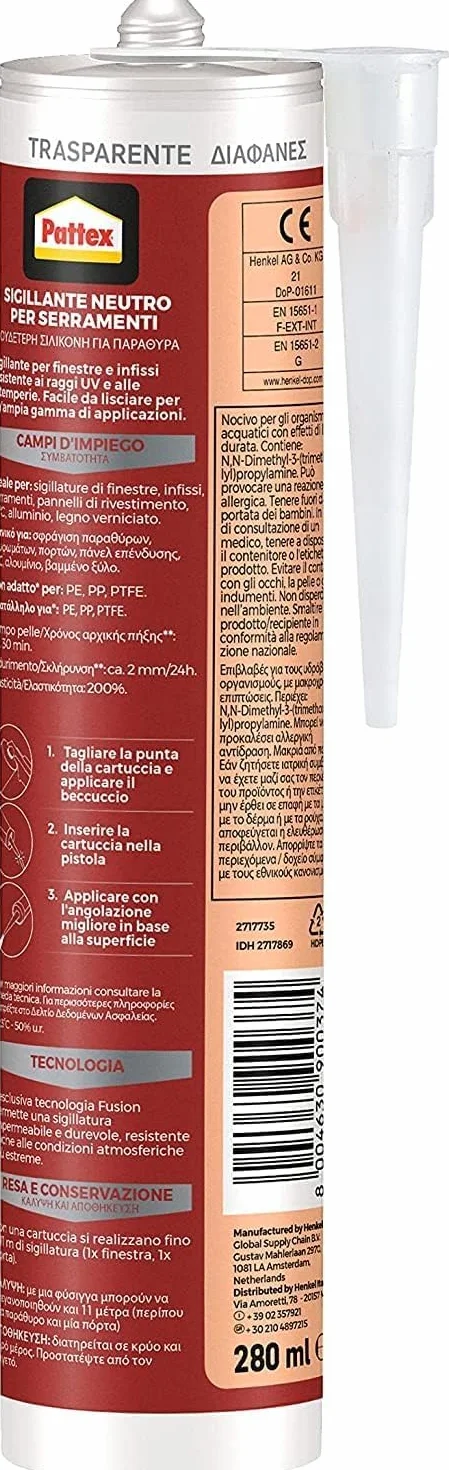 PATTEX Silicone Sigillante Trasparente per Finestre e Infissi, 1 Cartuccia da 280 ml