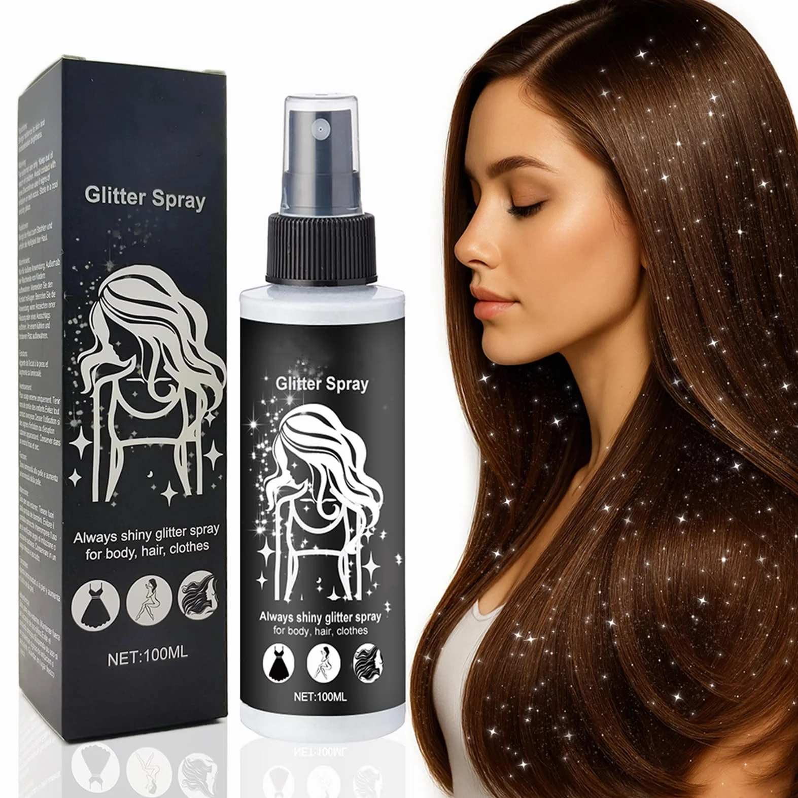 Spray glitter, spray glitter argento per capelli e corpo, spray glitter per capelli e vestiti, spray glitter per il corpo con nebbia ultrafine, accessori per festival ad asciugatura rapida Halloween