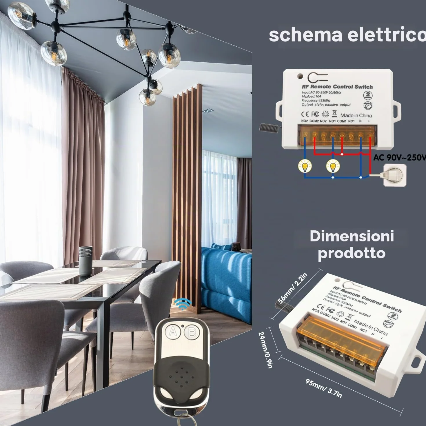 DieseRC 2 Canali Interruttore Telecomando Senza Fili 433 MHz RF 220V 230V 10A Relè Ricevitore con 2 Trasmettitori Portachiavi