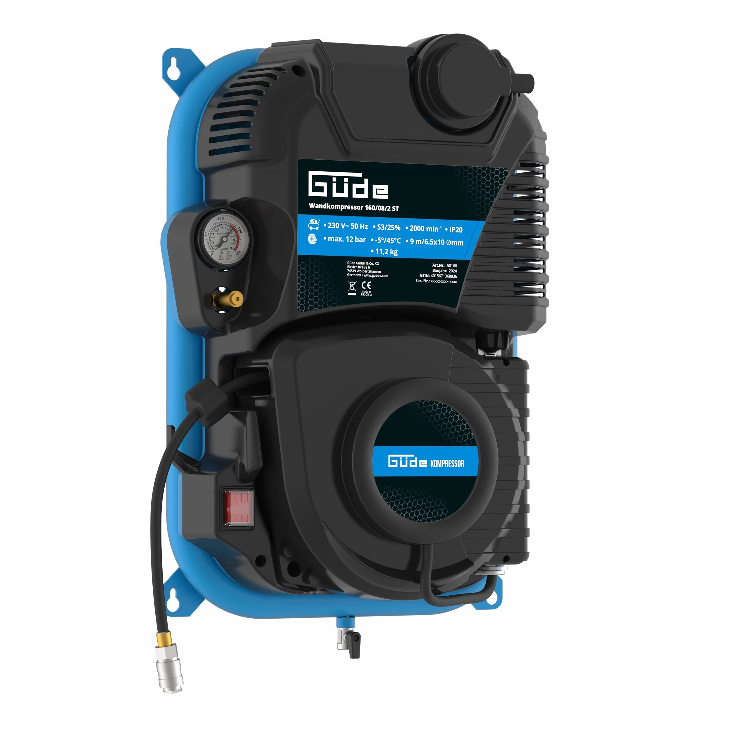 Güde Compressore da parete 160/08/2 ST 1100 W 230 V 8 bar 90 l/min montaggio a parete avvolgitubo automatico