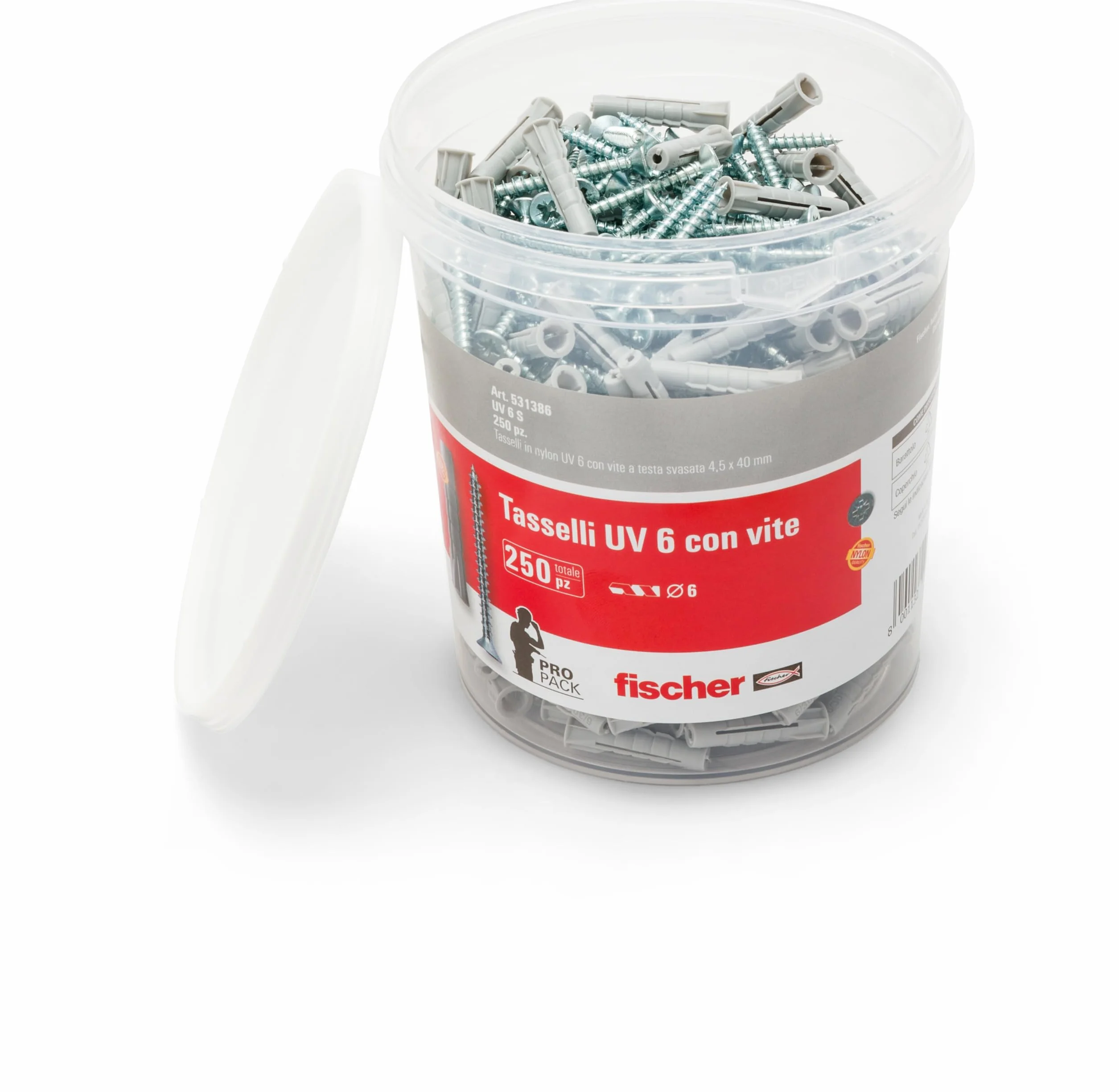 Fischer UV 6 S Tasselli con Vite 6 x 30 mm 250 Pezzi per Mattoni Pieni e Forati Grigio