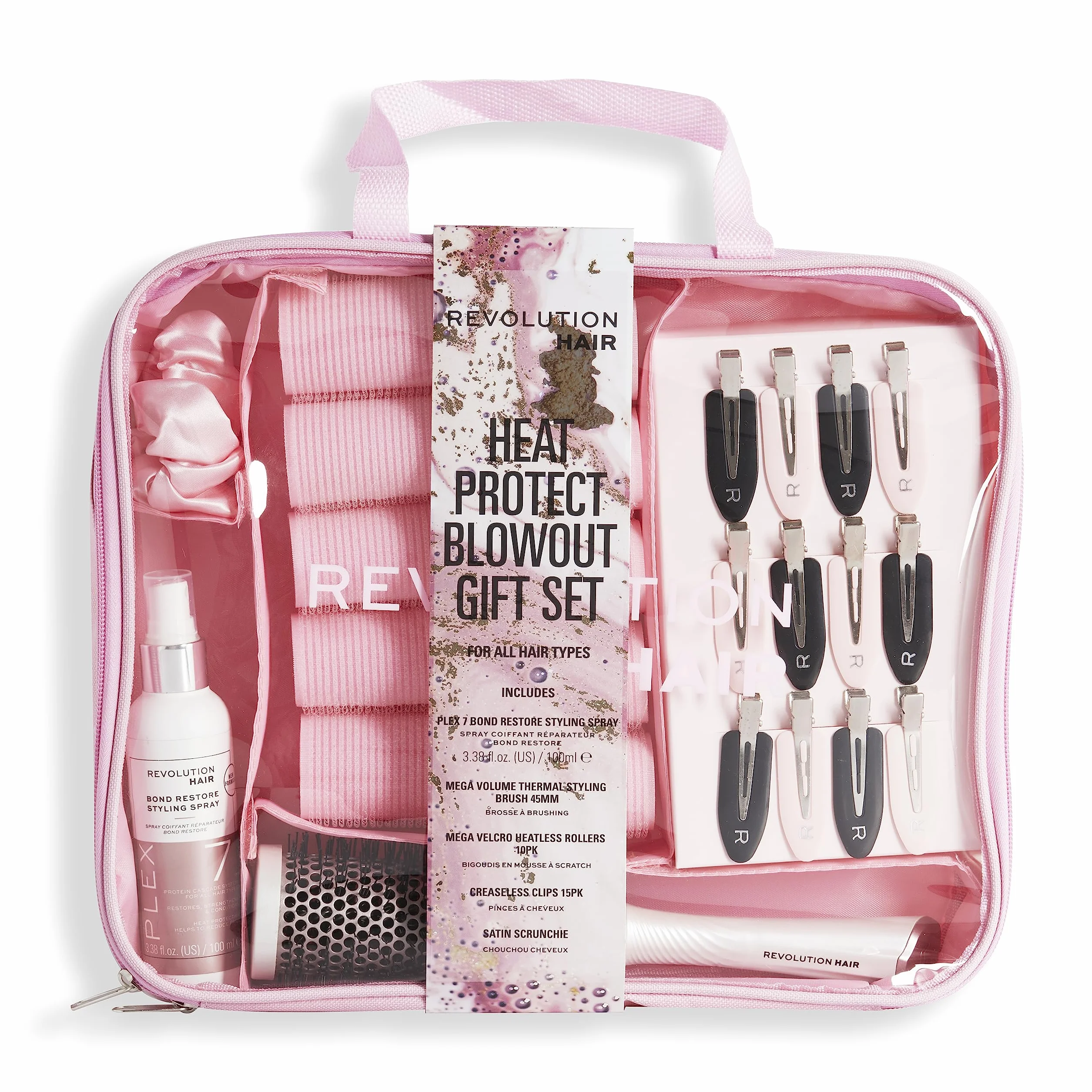 Makeup Revolution Haircare Plex Heat Protect Blowout - Set regalo per capelli, fermagli per capelli, spazzola elegante, rulli, spray per lo styling, elastico e borsa inclusi