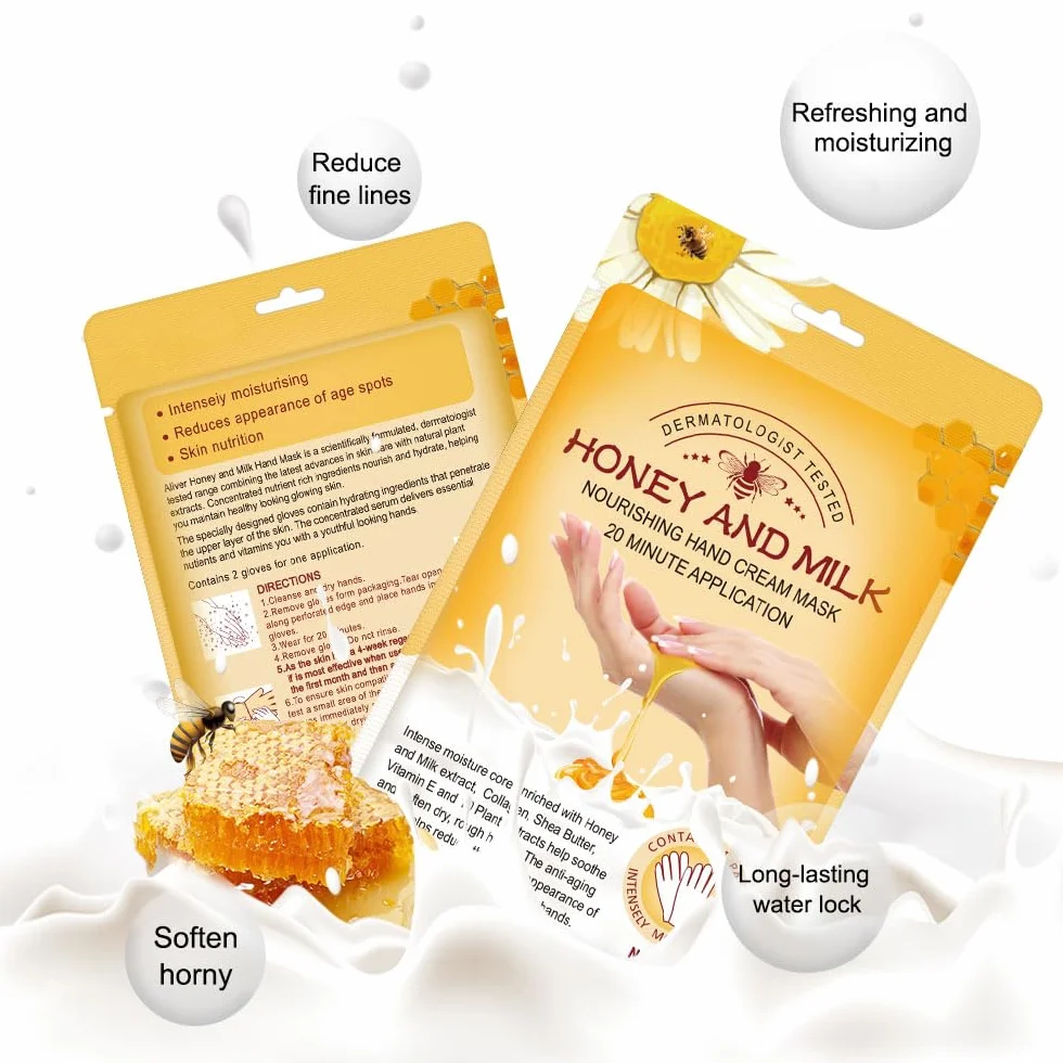 Maschera Per Le Mani Guanti, 5 Paia Maschera Idratanti Per Mani Esfoliante al Miele con Estratti Vegetali Naturali, Collagene, Sbiancanti e Antietà, Riparazione Della Pelle Ruvida (Miele e latte)