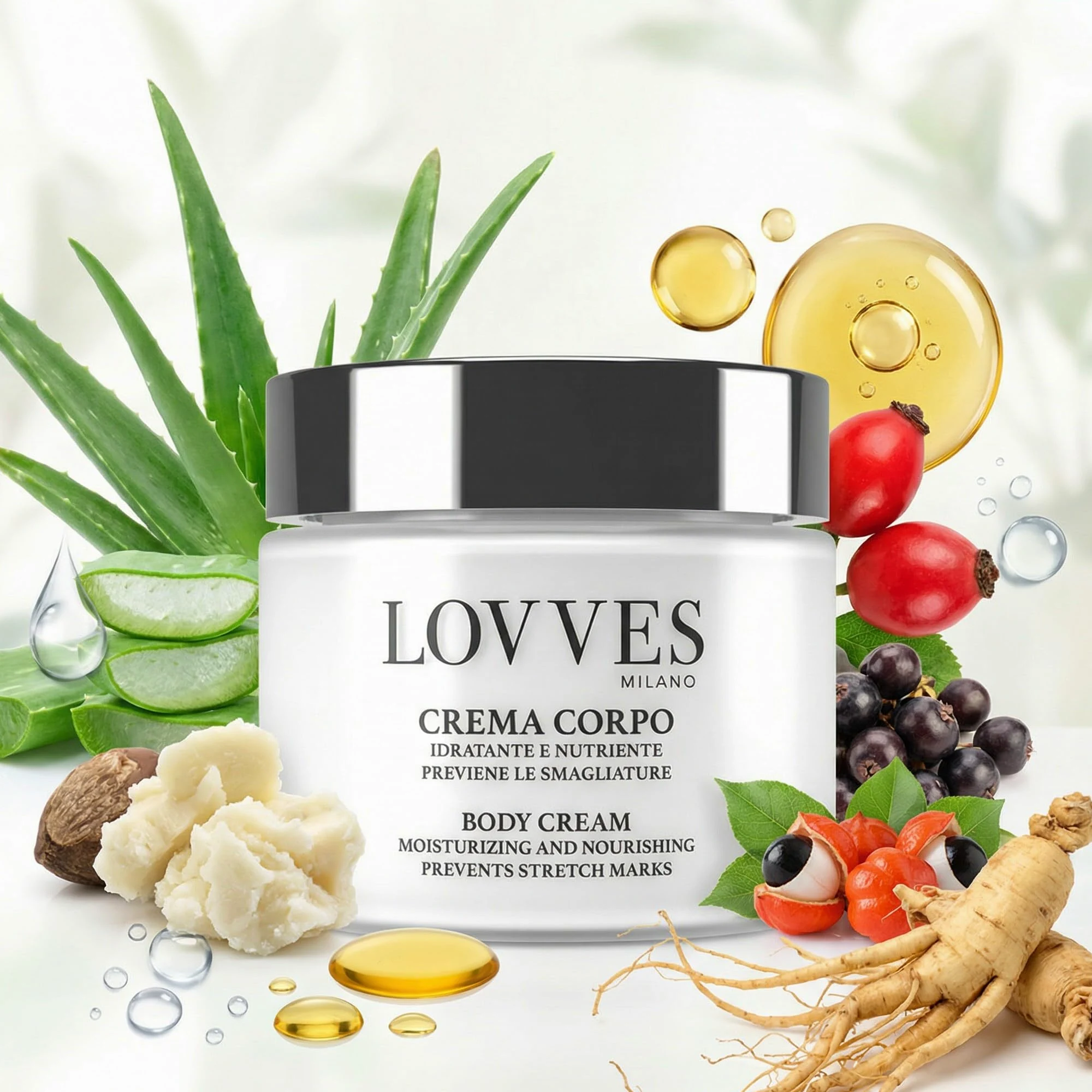 LOVVES Crema Corpo, Alta Cosmesi Naturale, Idratante Nutriente, Previene le Smagliature, indicata in Gravidanza, Tonifica e Rivitalizza la Pelle, la rende Morbida e Setosa, Vaso in Vetro 200ml